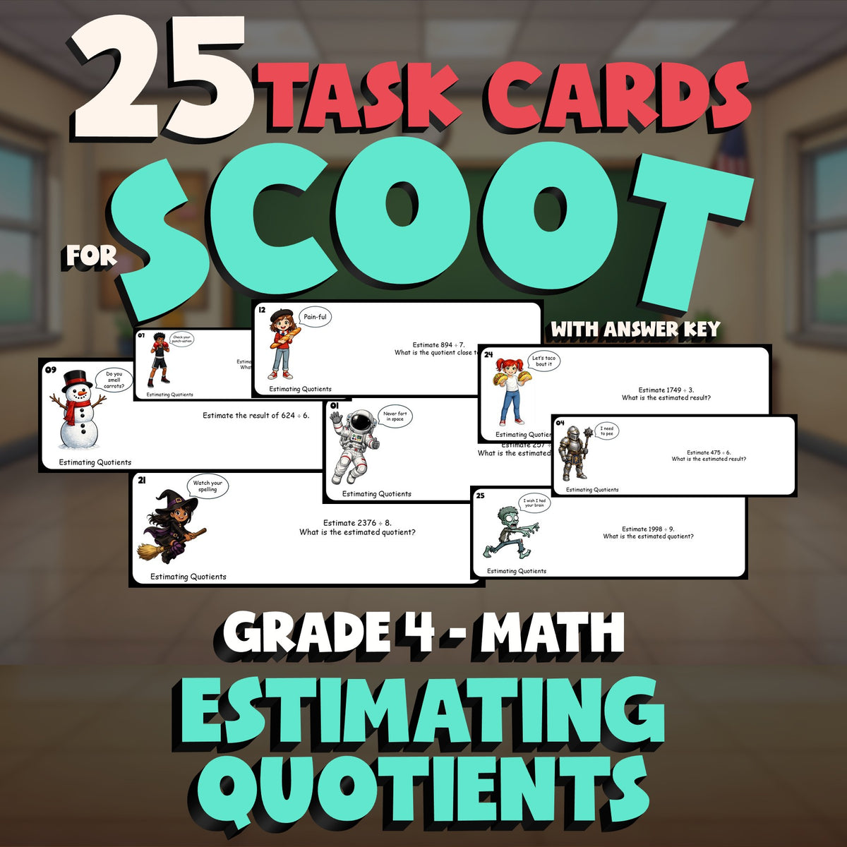 Estimating Quotients SCOOT TASK CARDS Math Game - No Prep Grade 4 Review