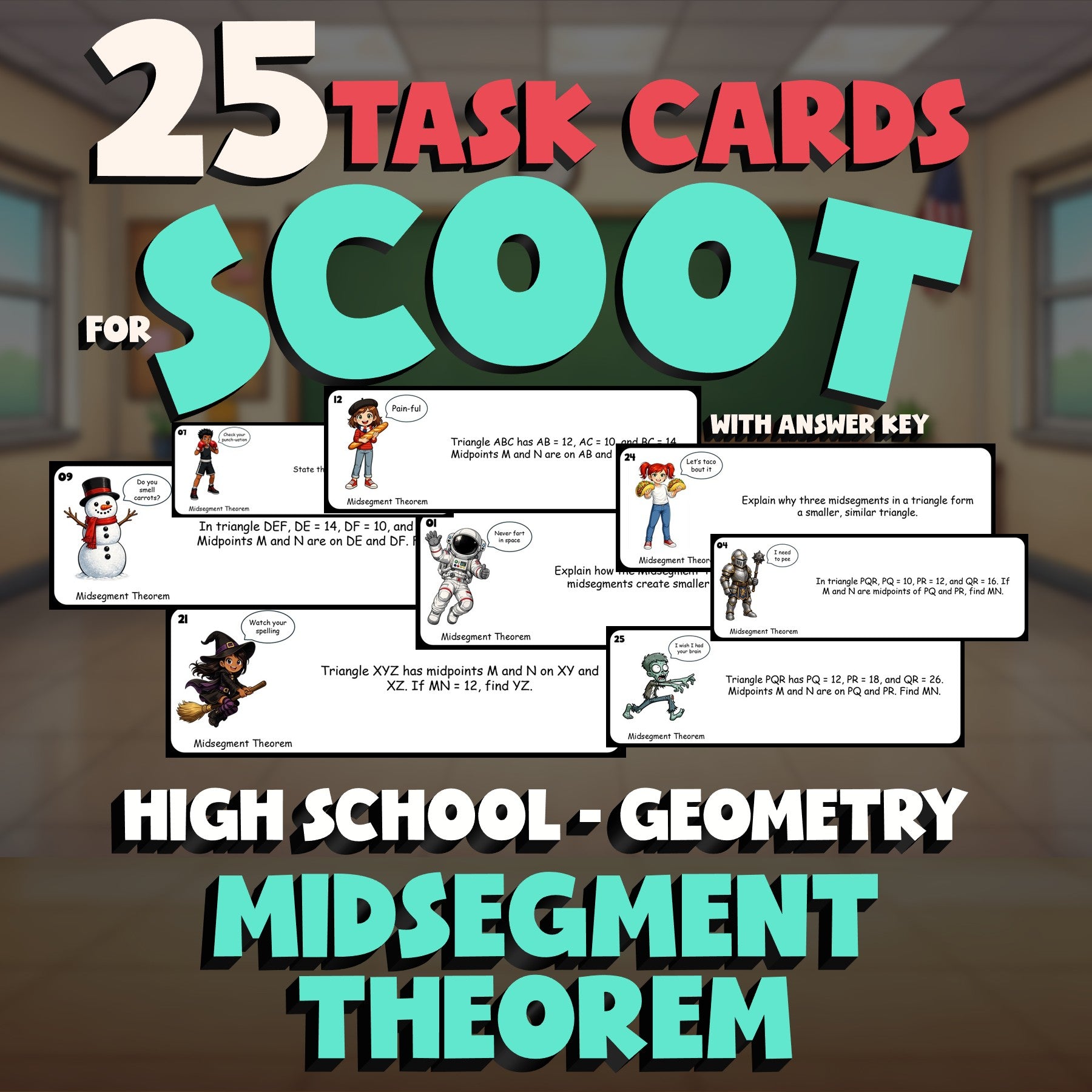 Midsegment Theorem SCOOT TASK CARDS Math Game - No Prep Geometry Review Activity
