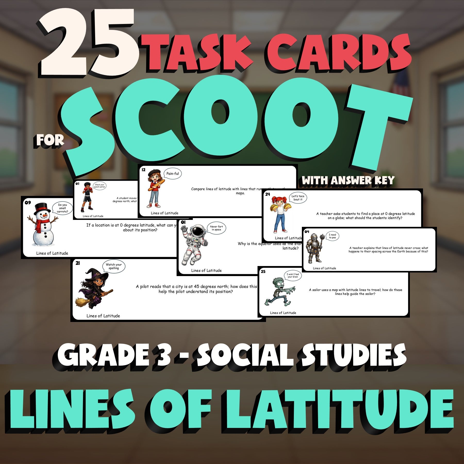 Lines of Latitude SCOOT TASK CARDS Socials Game - No Prep Grade 3 Review