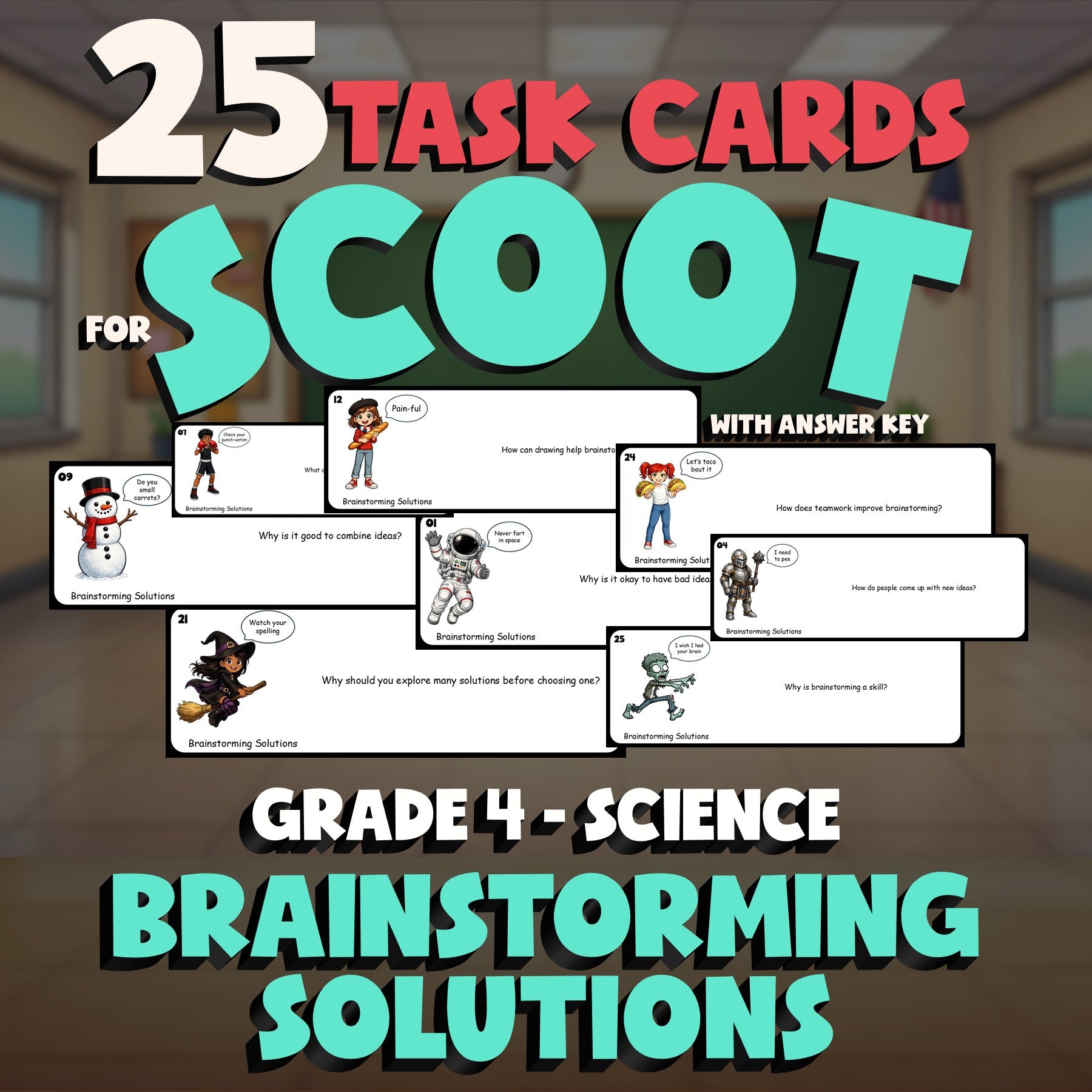 Brainstorming Solutions SCOOT TASK CARDS Science Game - No Prep Grade 4 Review