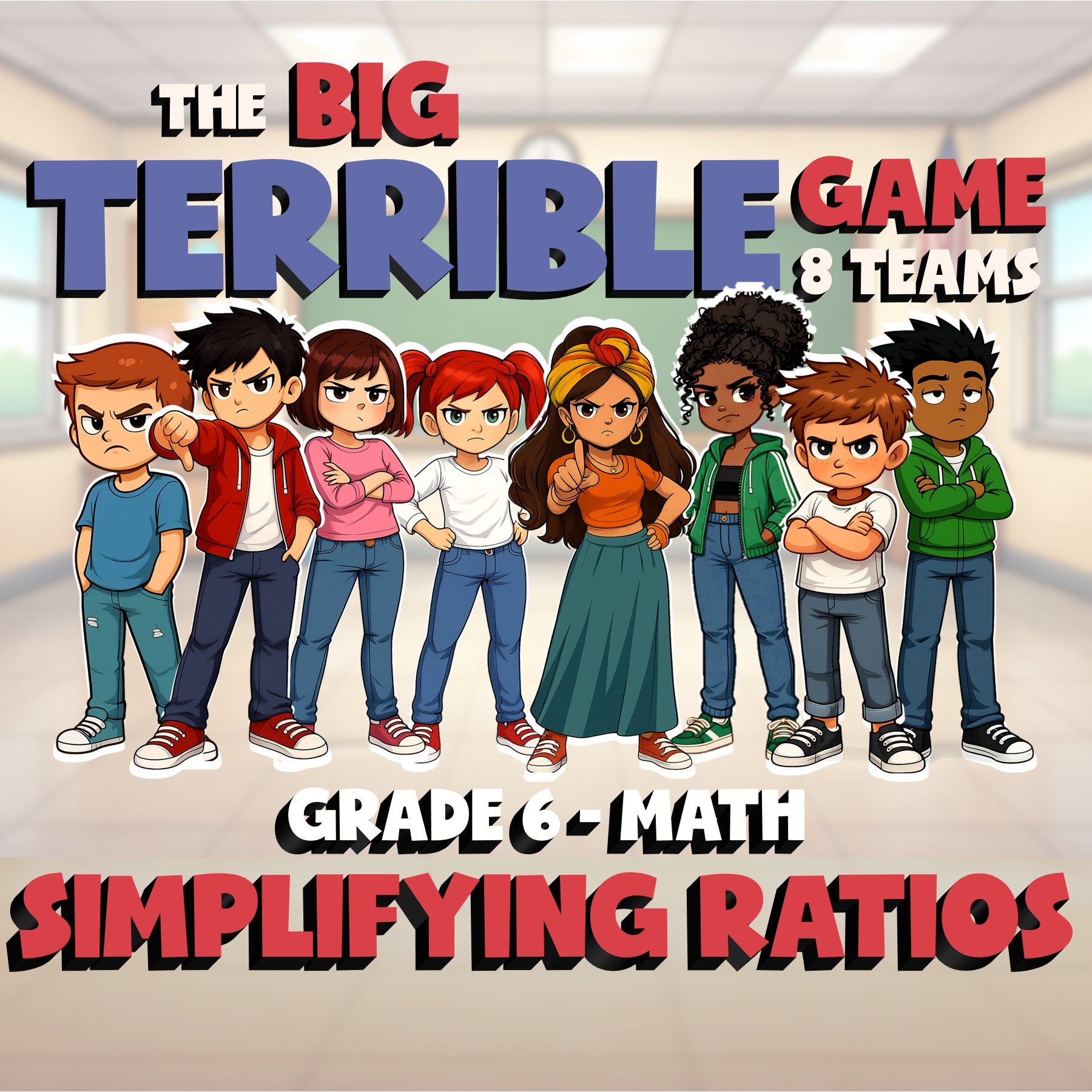 Simplifying Ratios BIG TERRIBLE GAME - No Prep Grade 6 Math Review Activity