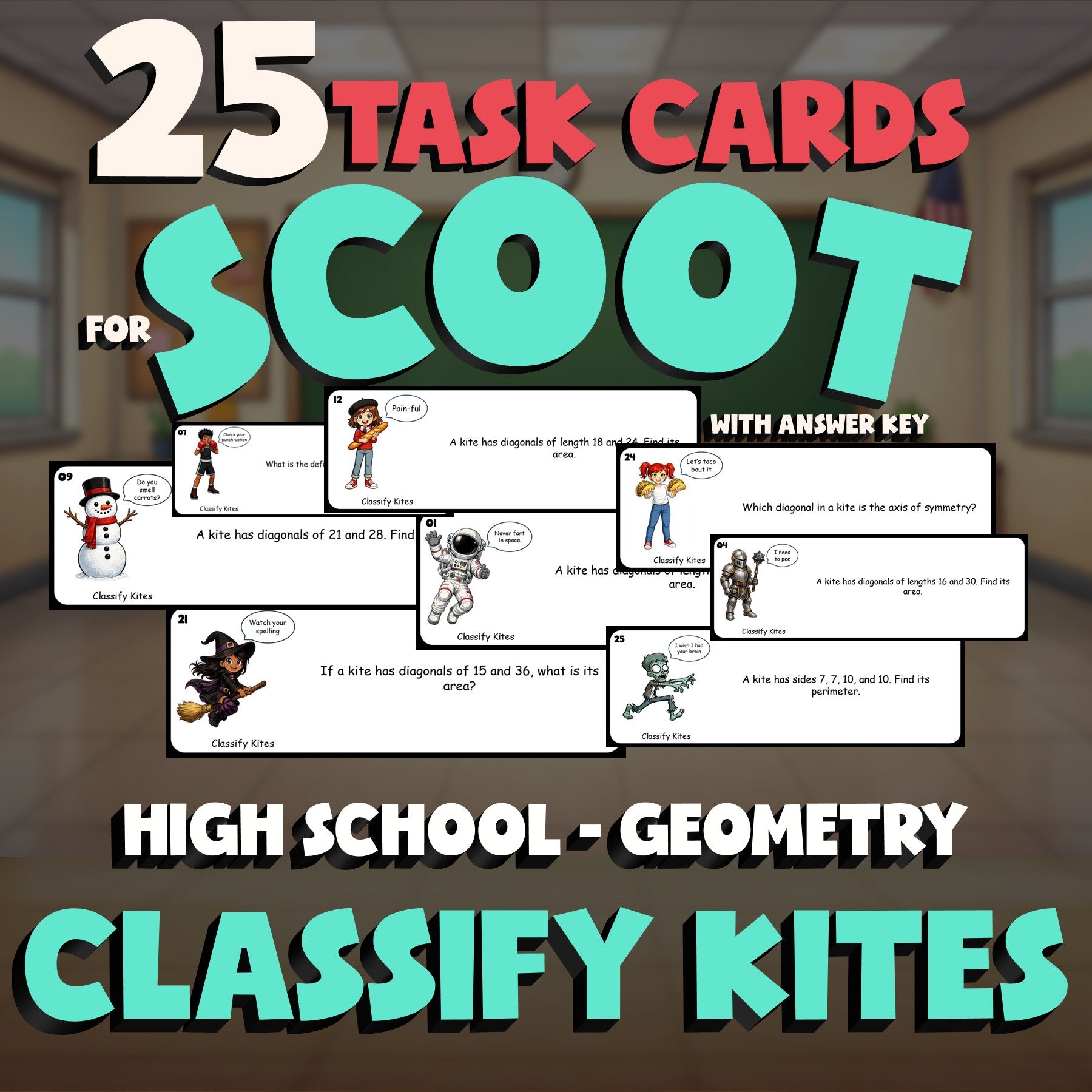 Classify Kites SCOOT TASK CARDS Math Game - No Prep Geometry Review Activity