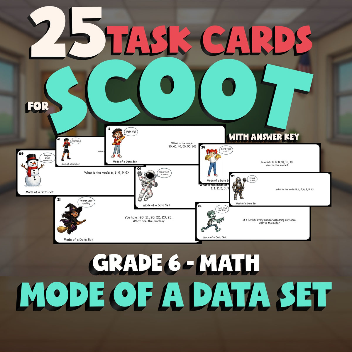 Mode of a Data Set SCOOT TASK CARDS Math Game - No Prep Grade 6 Review Activity