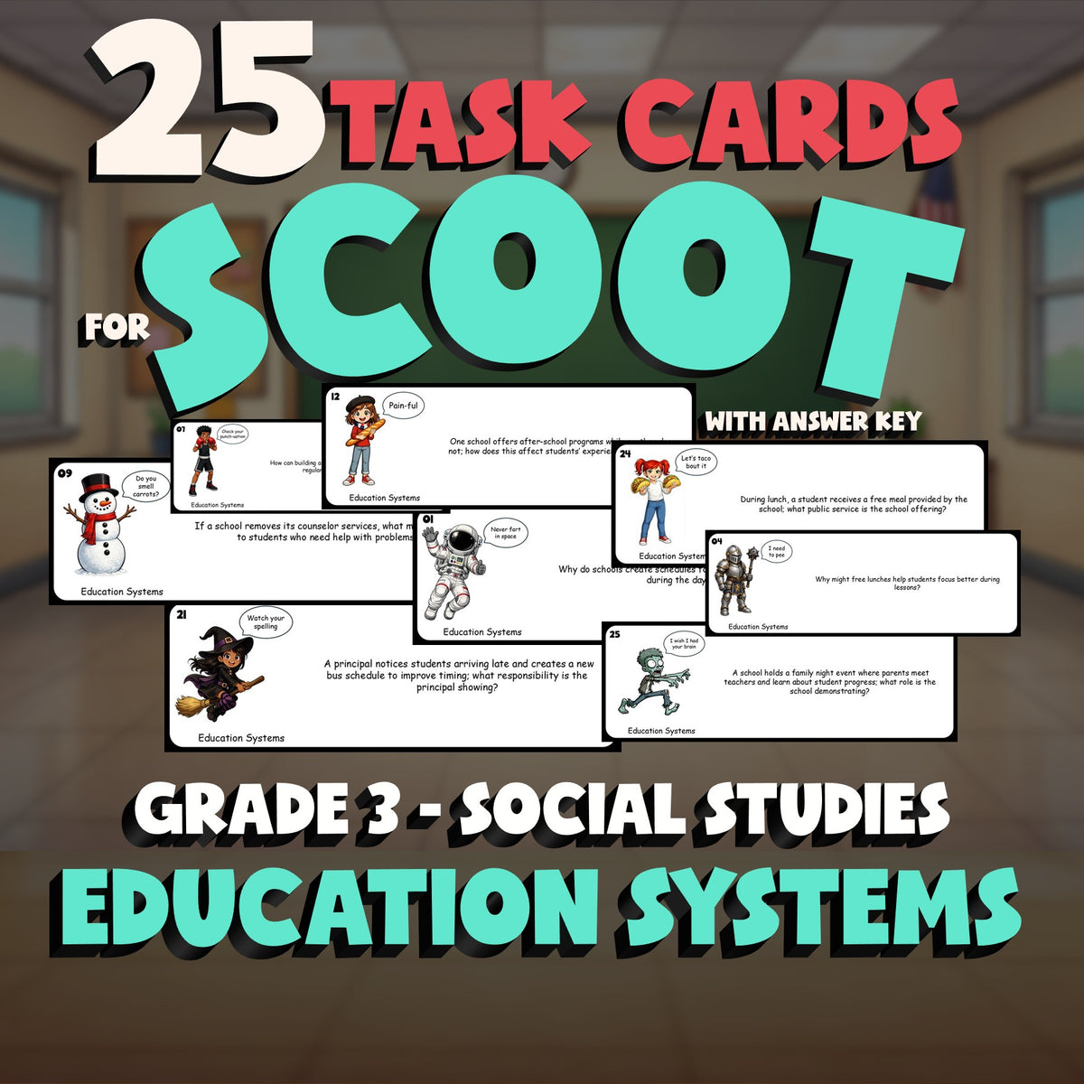 Education Systems SCOOT TASK CARDS Socials Game - No Prep Grade 3 Review