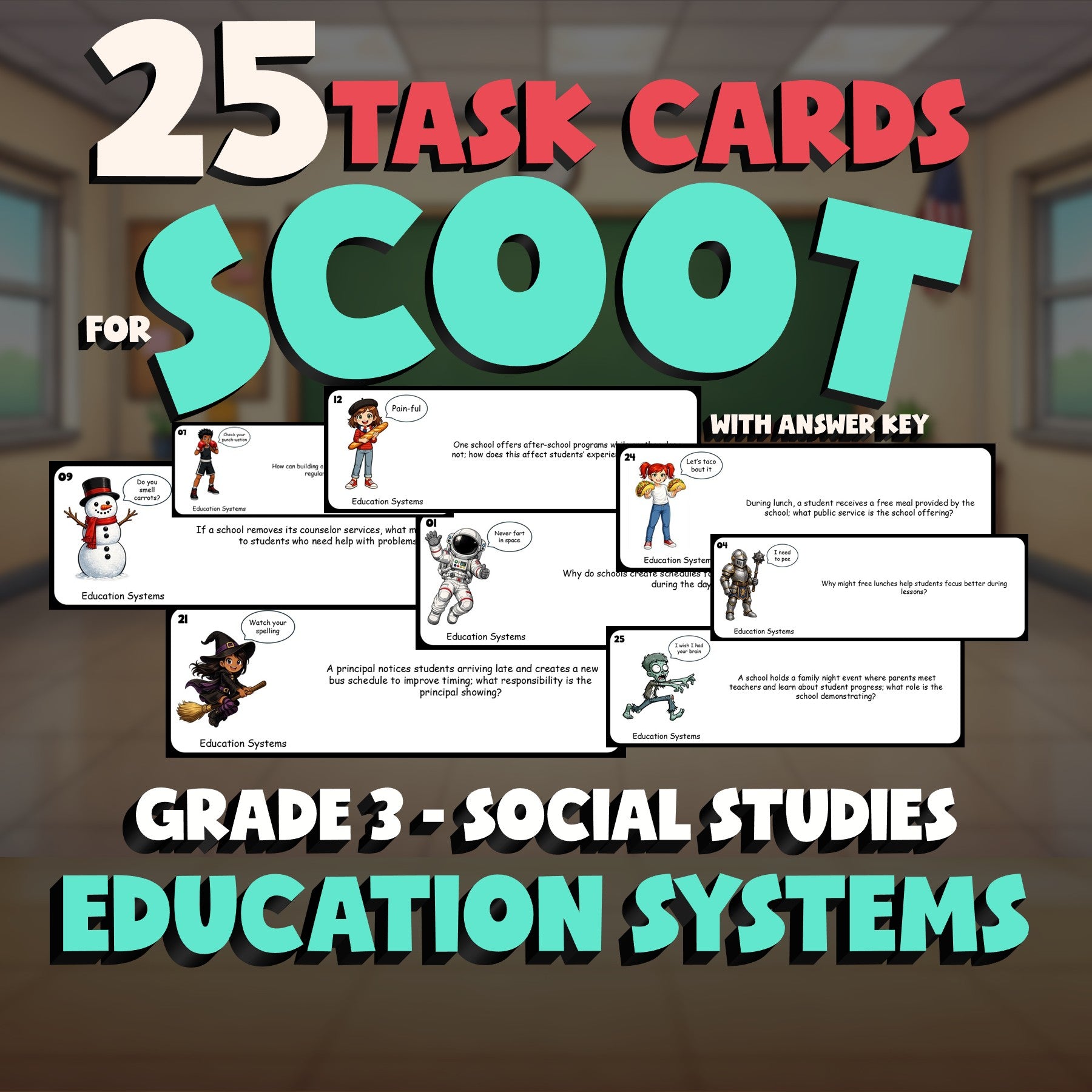 Education Systems SCOOT TASK CARDS Socials Game - No Prep Grade 3 Review