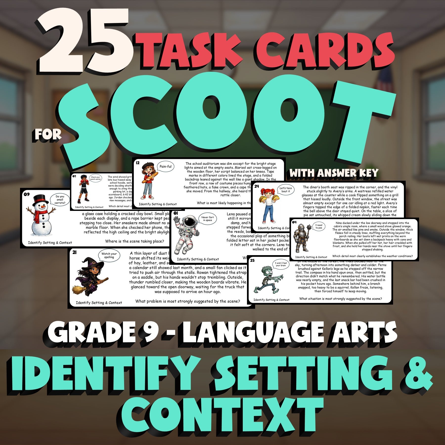 Identify Setting & Context SCOOT TASK CARDS ELA Game - No Prep Grade 9 Review
