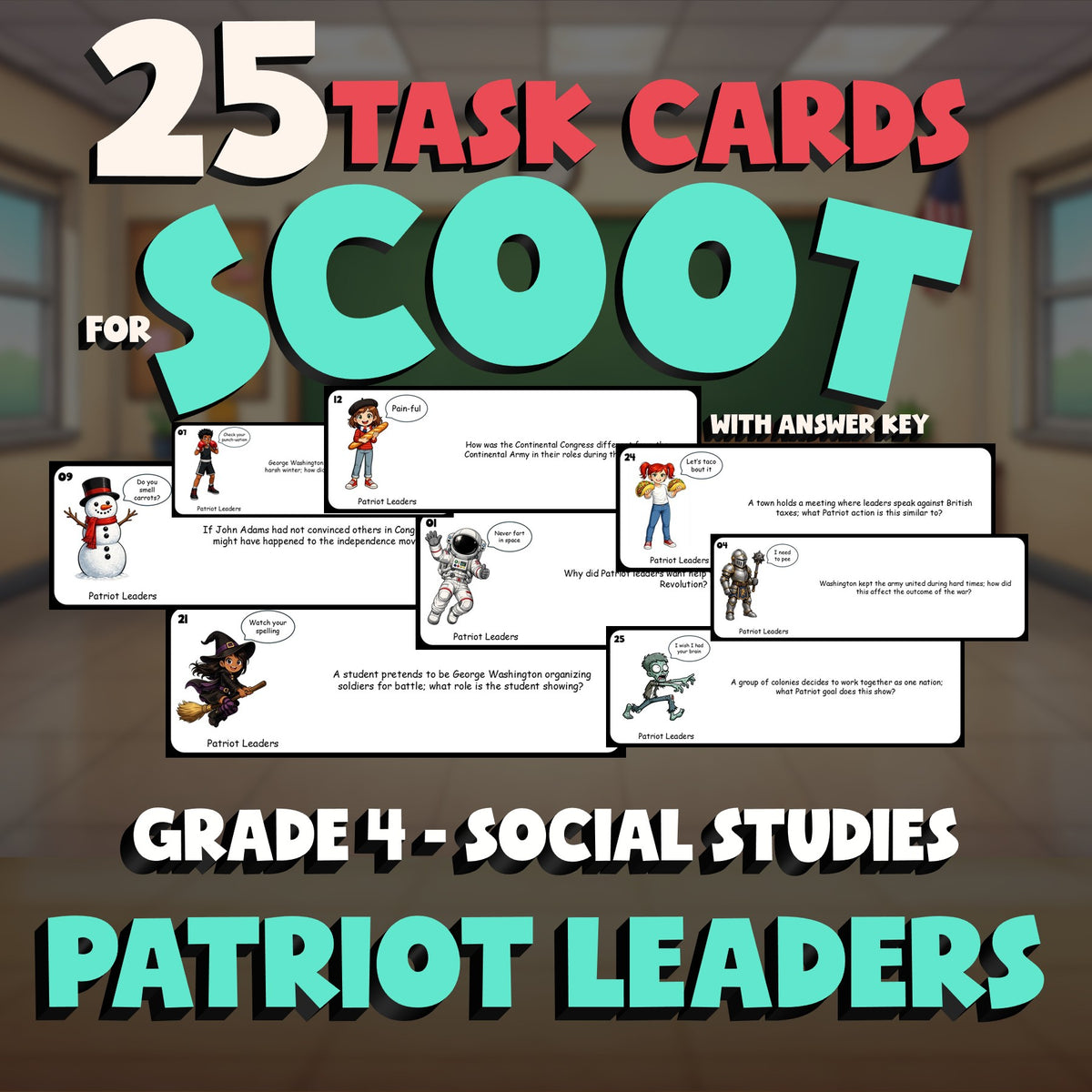 Patriot Leaders SCOOT TASK CARDS Socials Game - No Prep Grade 4 Review Activity