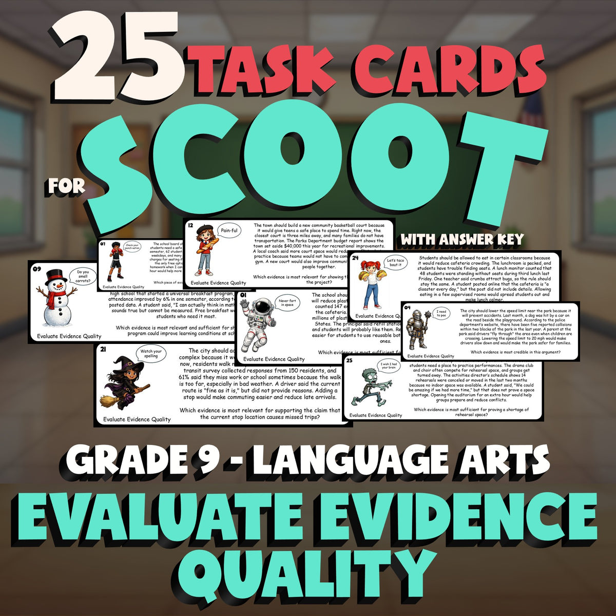 Evaluate Evidence Quality SCOOT TASK CARDS ELA Game - No Prep Grade 9 Review