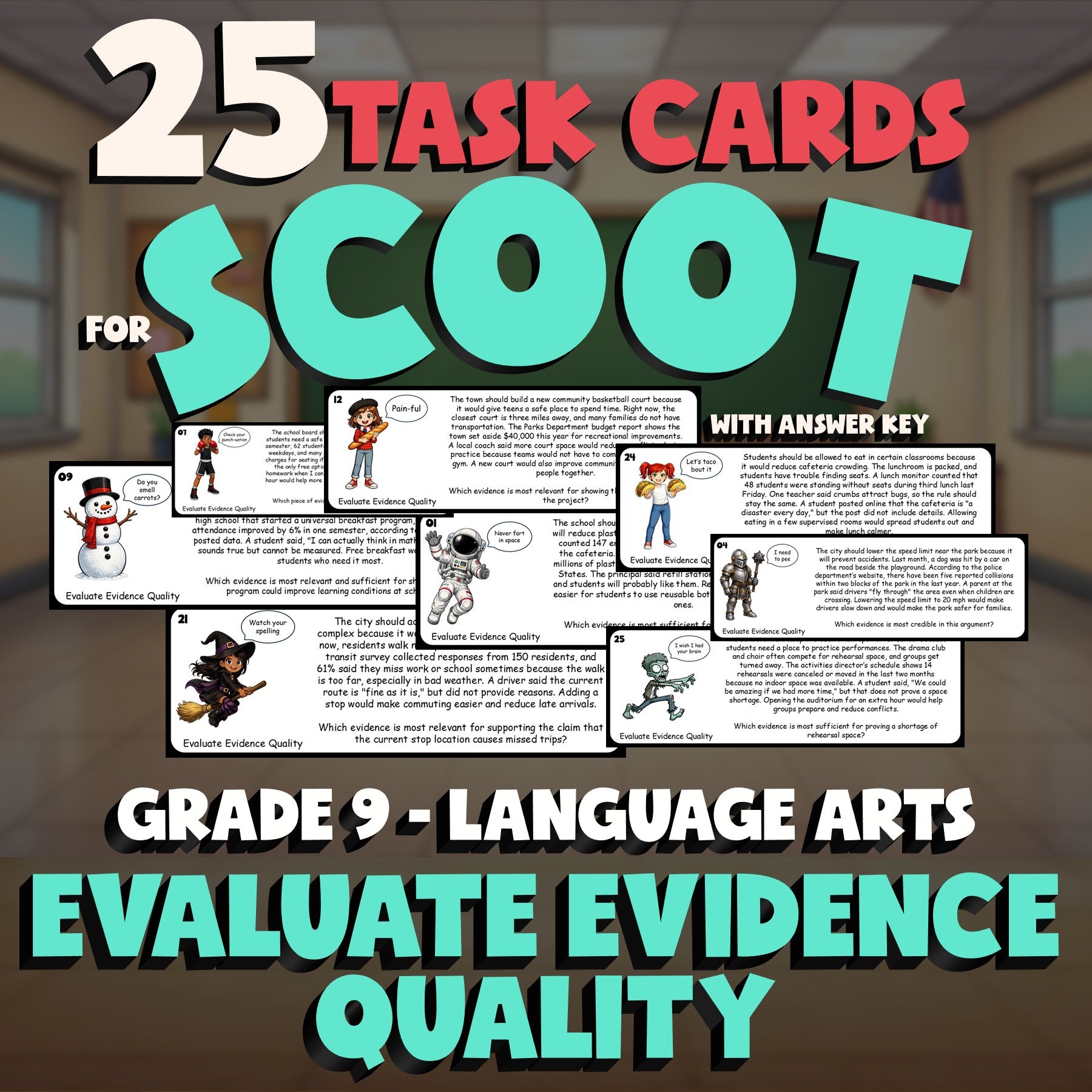 Evaluate Evidence Quality SCOOT TASK CARDS ELA Game - No Prep Grade 9 Review