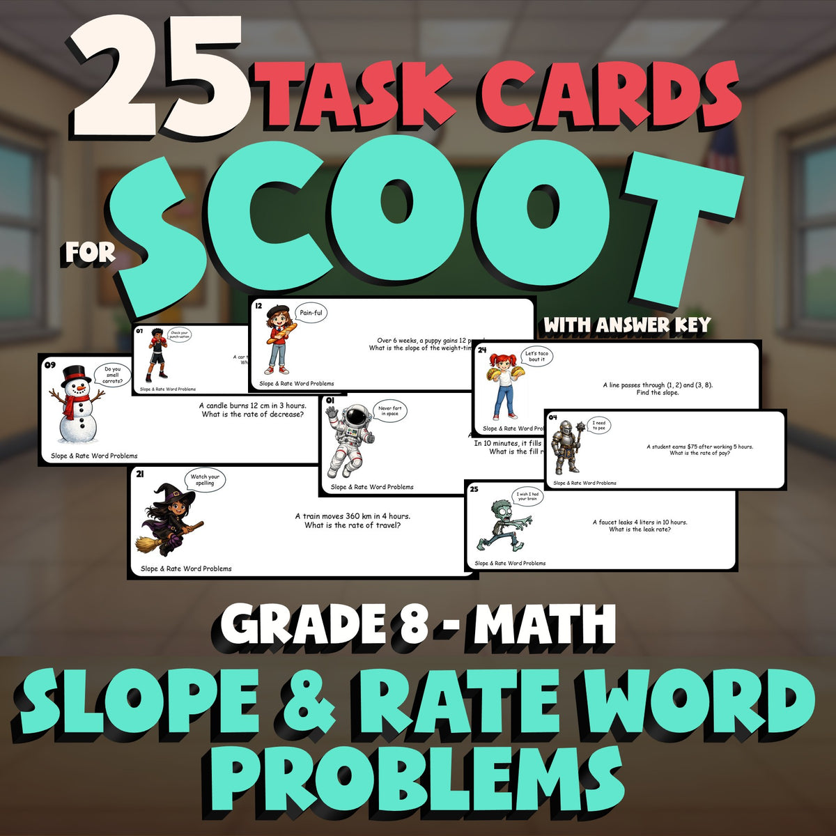 Slope & Rate Word Problems SCOOT TASK CARDS Math Game - No Prep Grade 8 Review