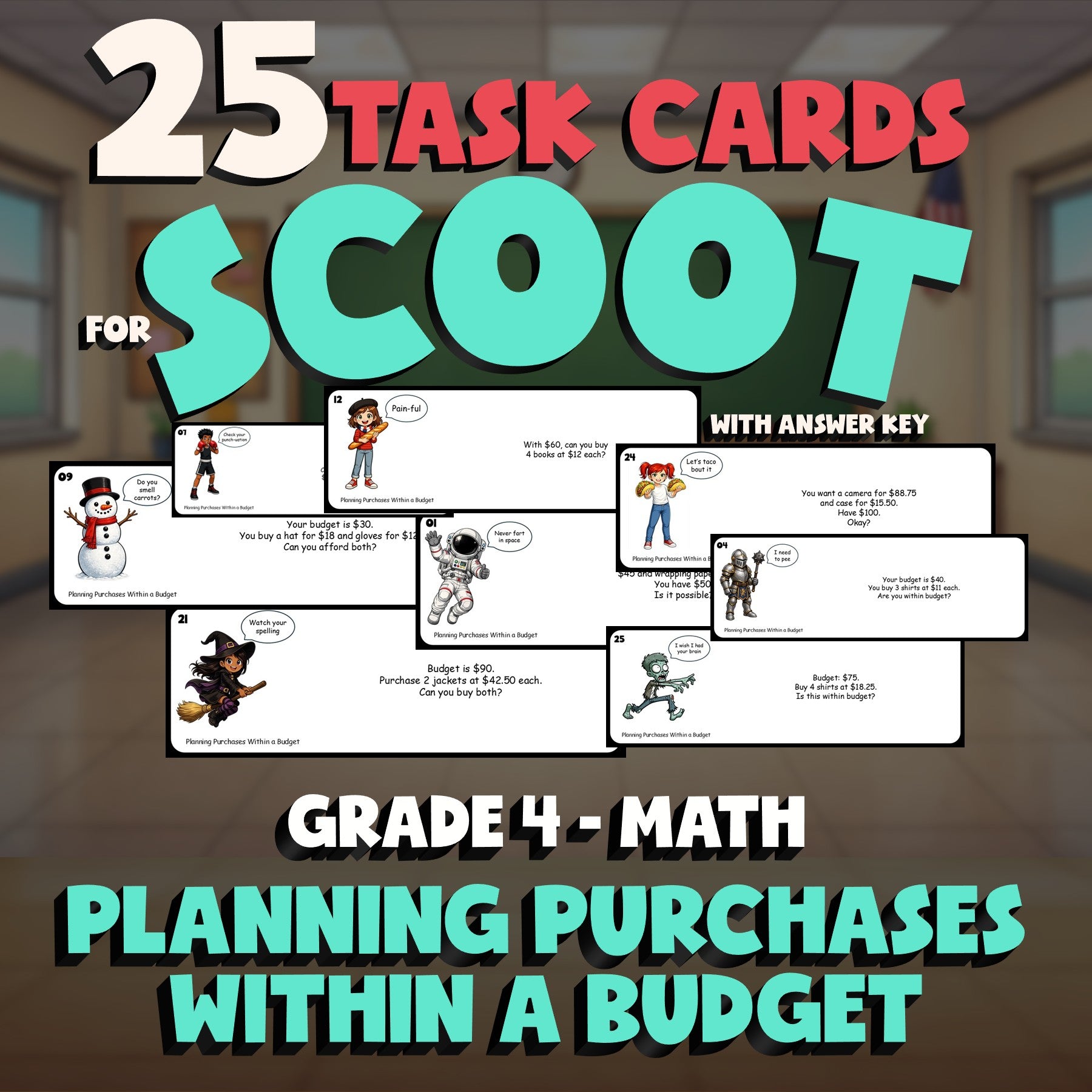 Planning Purchases Within a Budget SCOOT TASK CARDS Math Game - No Prep Grade 4