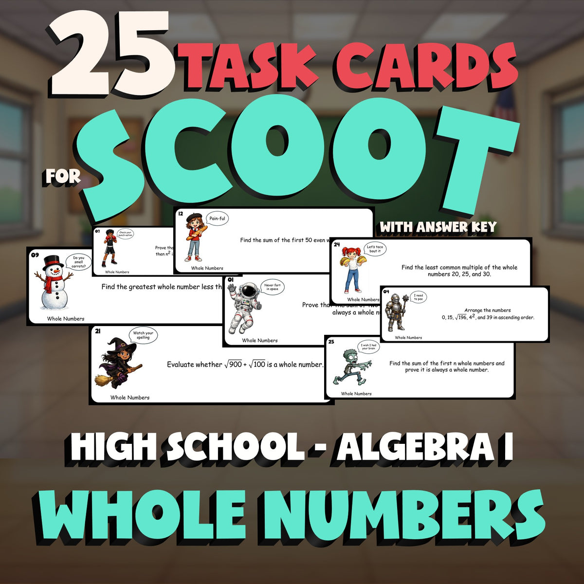 Whole Numbers SCOOT TASK CARDS Math Game - No Prep Algebra 1 Review Activity