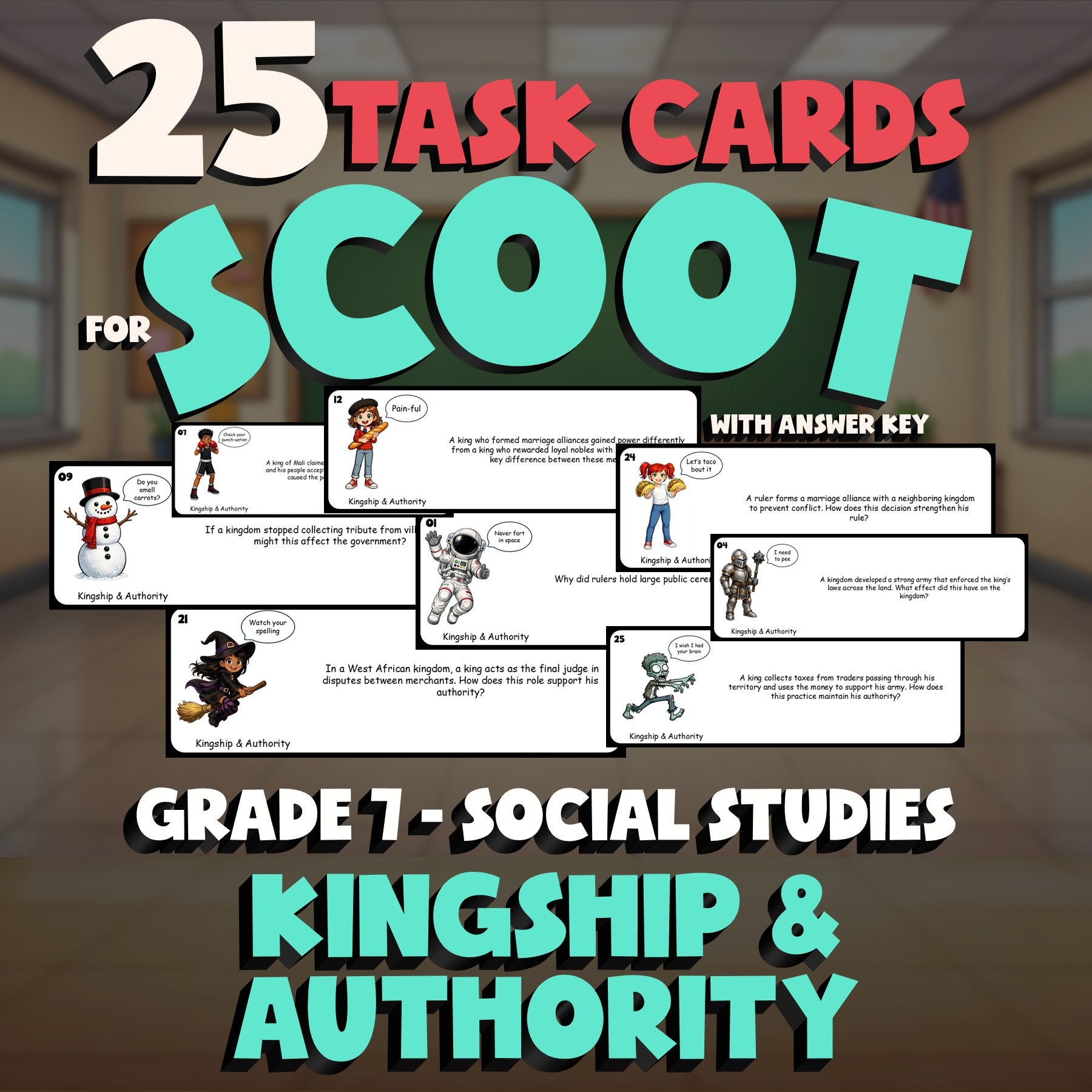 Kingship & Authority SCOOT TASK CARDS Socials Game - No Prep Grade 7 Review