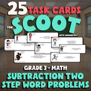 Subtraction Two Step Word Problems SCOOT TASK CARDS Math Game - No Prep Grade 3