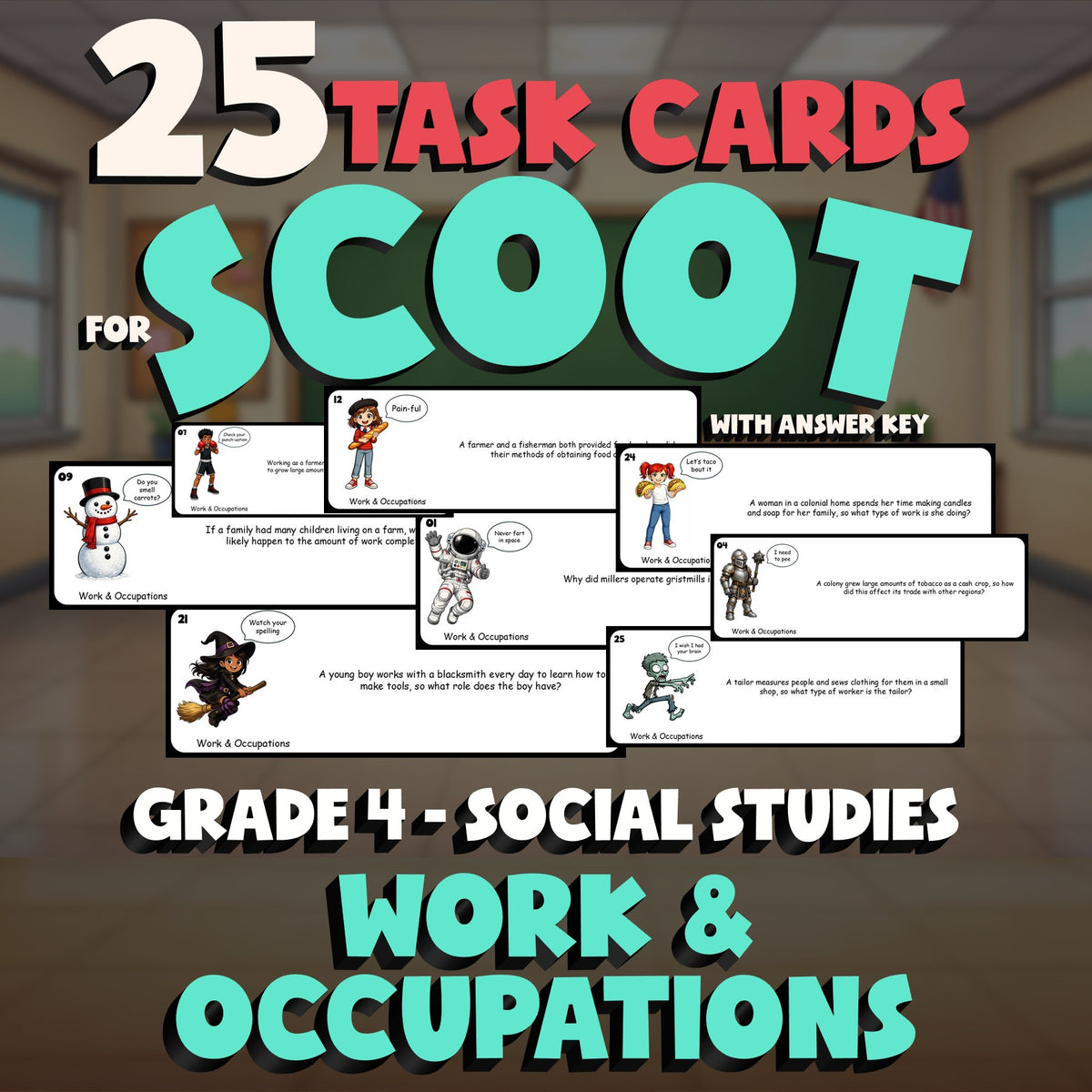 Work & Occupations SCOOT TASK CARDS Socials Game - No Prep Grade 4 Review