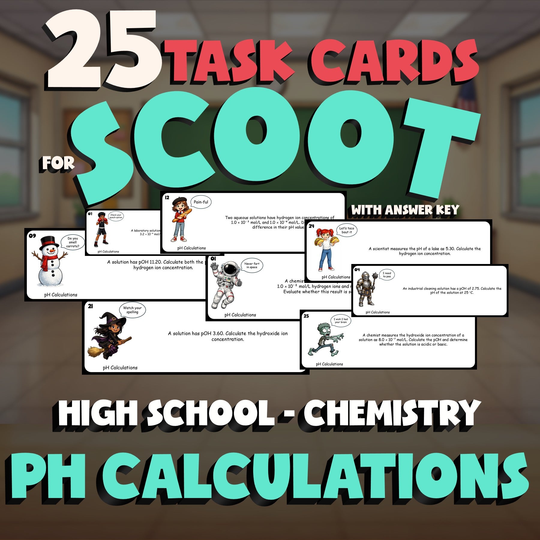 pH Calculations SCOOT TASK CARDS Science Game - No Prep Chemistry Review