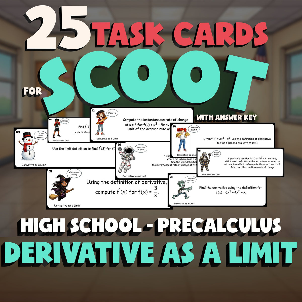 Derivative as a Limit SCOOT TASK CARDS Math Game - No Prep PreCalculus Review
