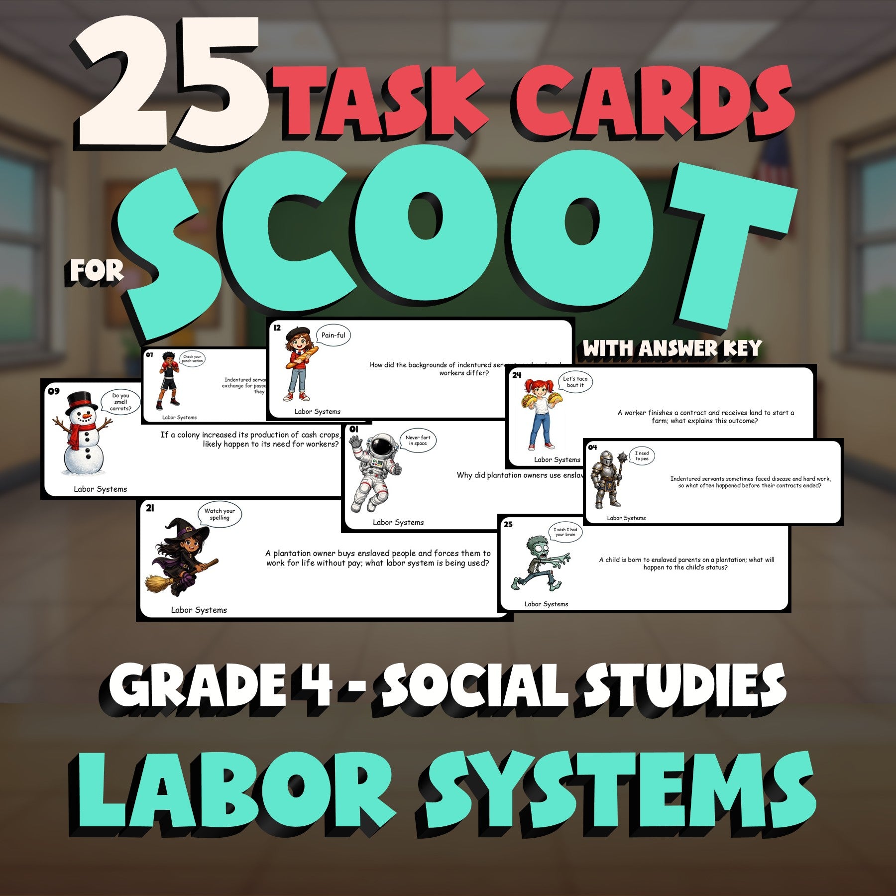 Labor Systems SCOOT TASK CARDS Socials Game - No Prep Grade 4 Review Activity