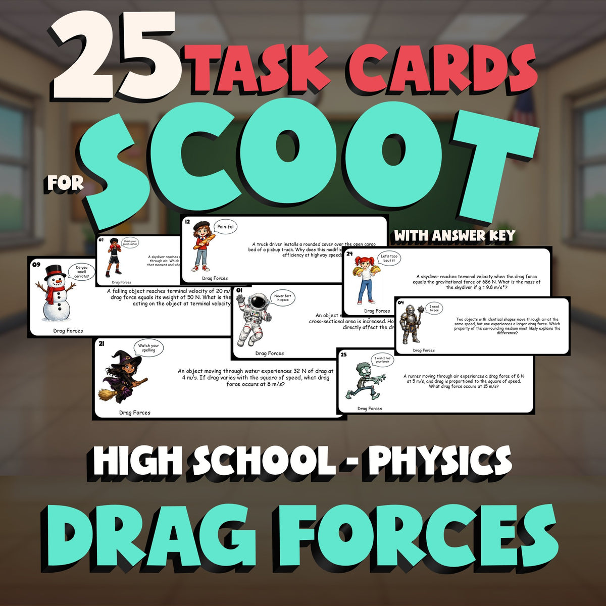 Drag Forces SCOOT TASK CARDS Science Game - No Prep Physics Review Activity