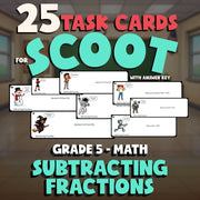 Subtracting Fractions SCOOT TASK CARDS Math Game - No Prep Grade 5 Review