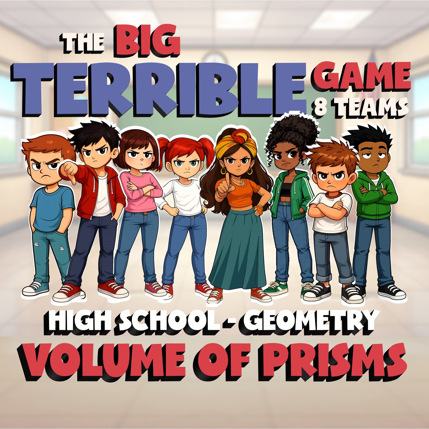 Volume of Prisms BIG TERRIBLE GAME - No Prep Geometry Math Review Activity