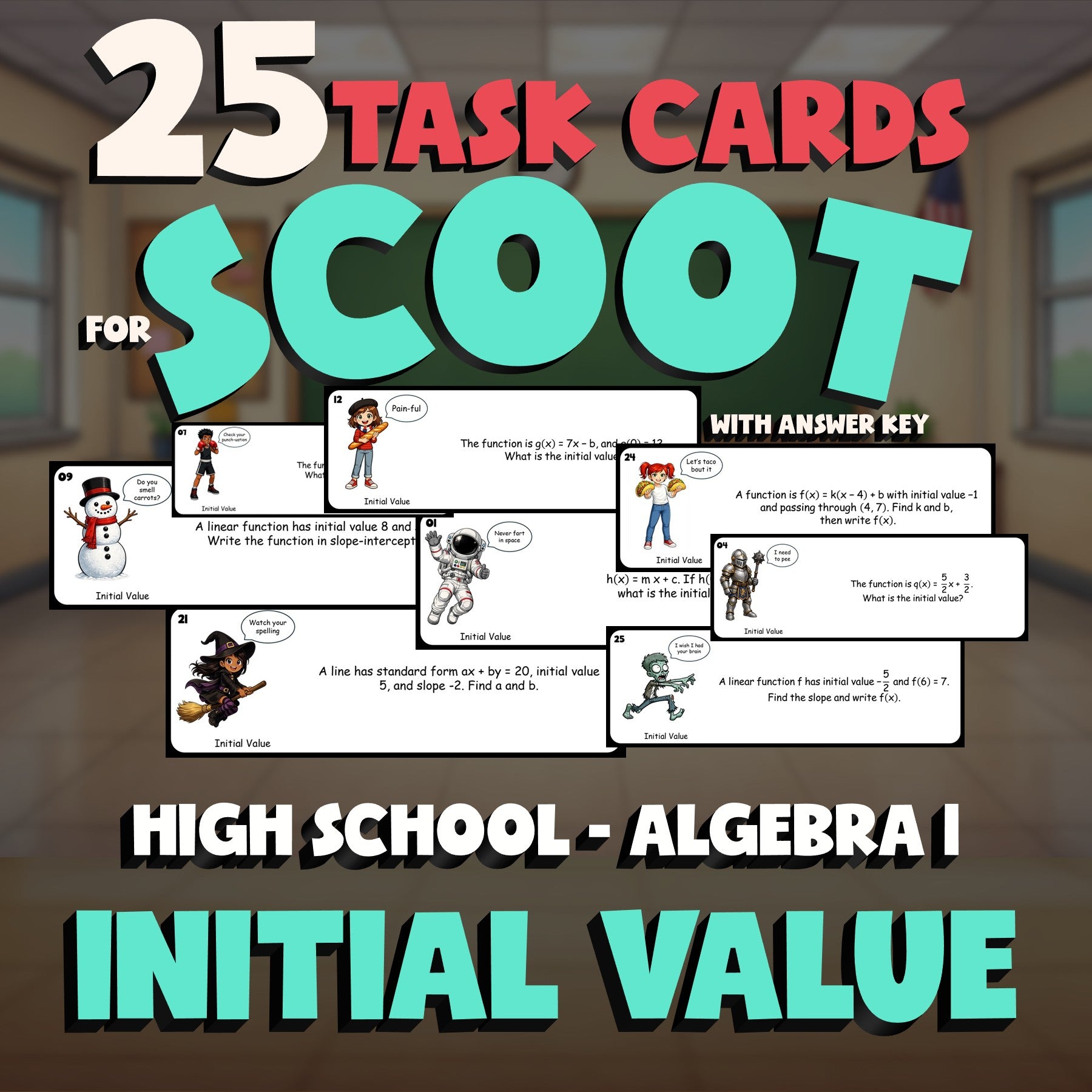 Initial Value SCOOT TASK CARDS Math Game - No Prep Algebra 1 Review Activity