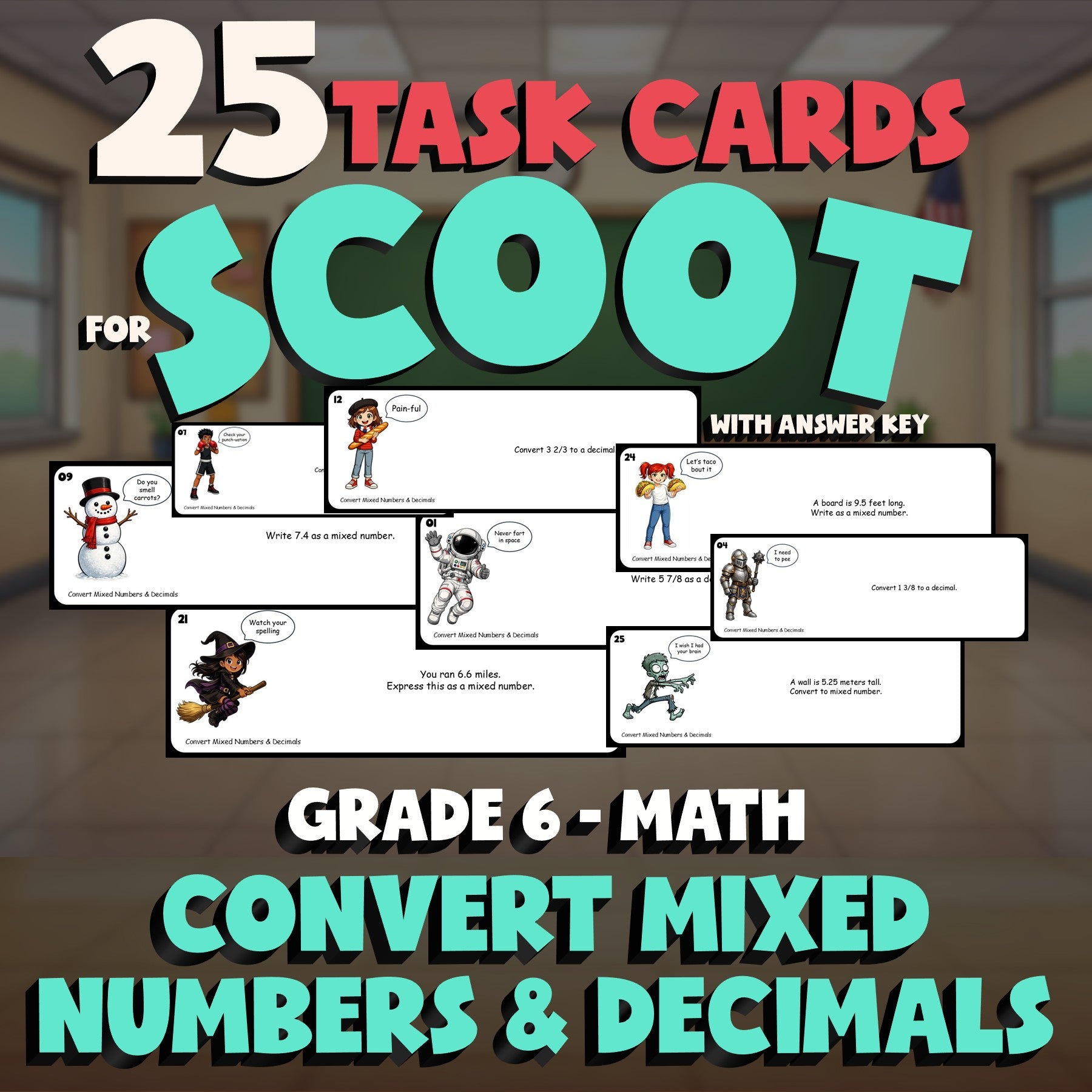 Convert Mixed Numbers & Decimals SCOOT TASK CARDS Math Game - No Prep Grade 6