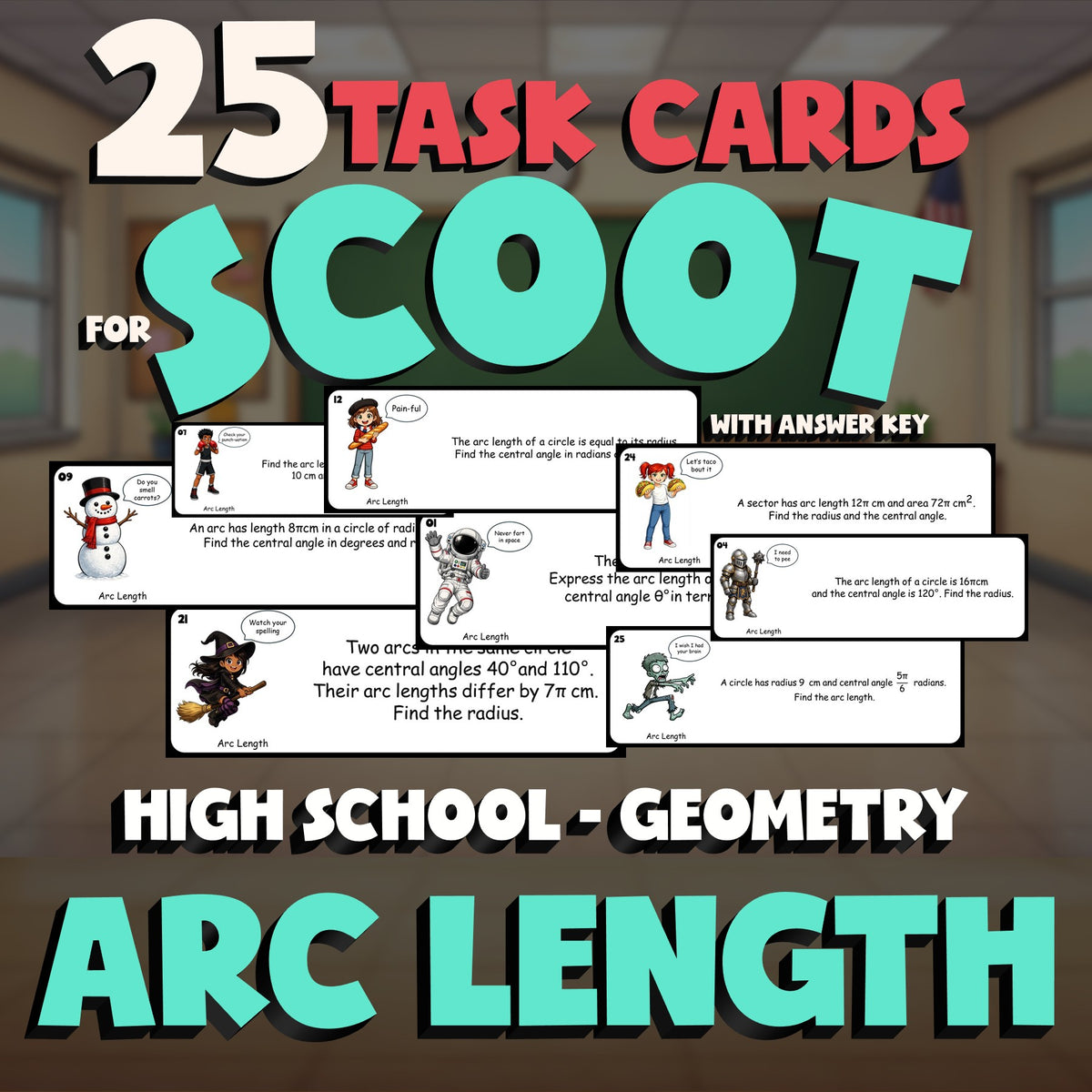 Arc Length SCOOT TASK CARDS Math Game - No Prep Geometry Review Activity