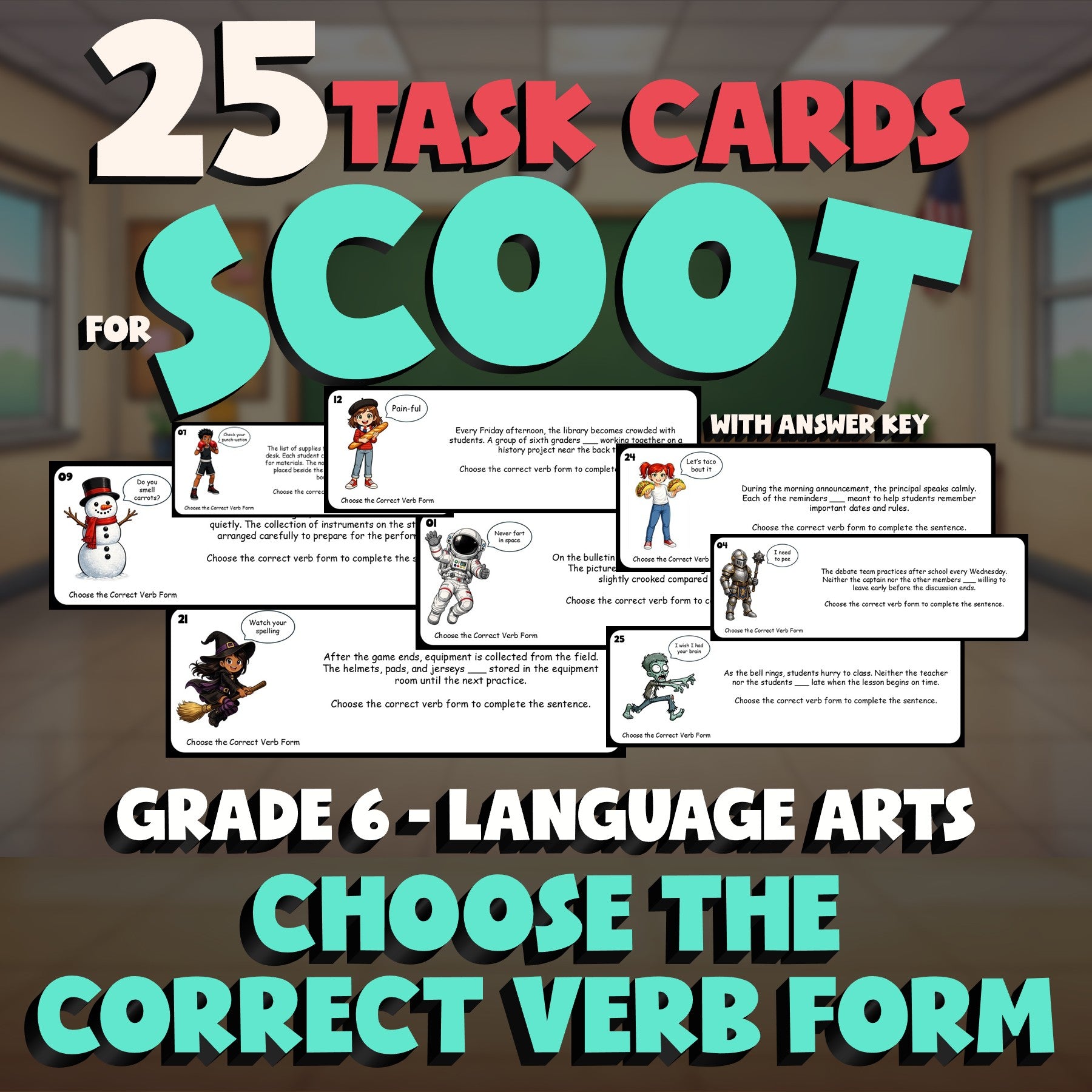 Choose the Correct Verb Form SCOOT TASK CARDS ELA Game - No Prep Grade 6 Review
