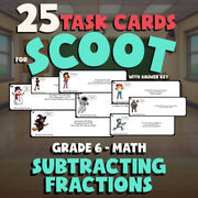 Subtracting Fractions SCOOT TASK CARDS Math Game - No Prep Grade 6 Review