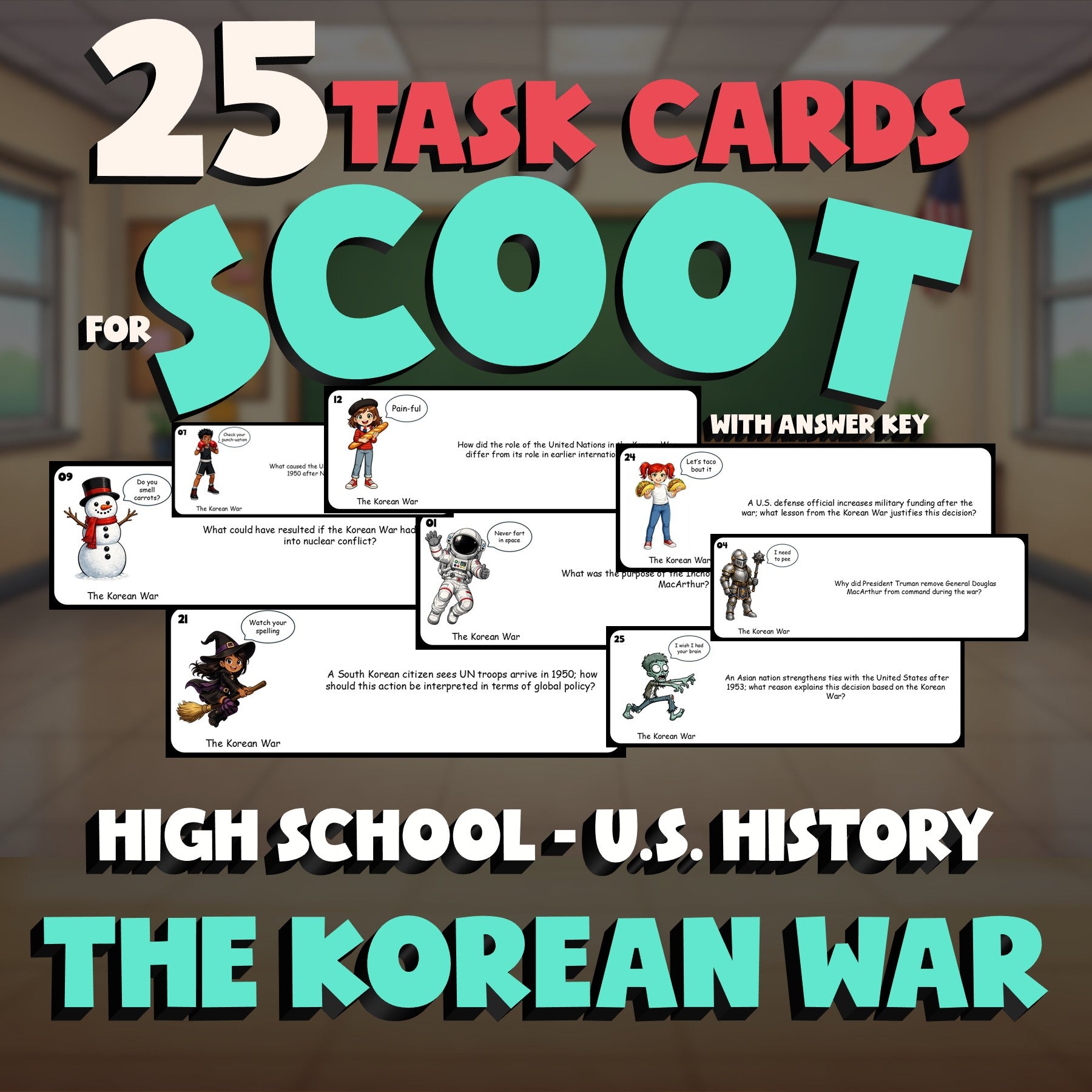 The Korean War SCOOT TASK CARDS U.S. History Game - No Prep Review Activity