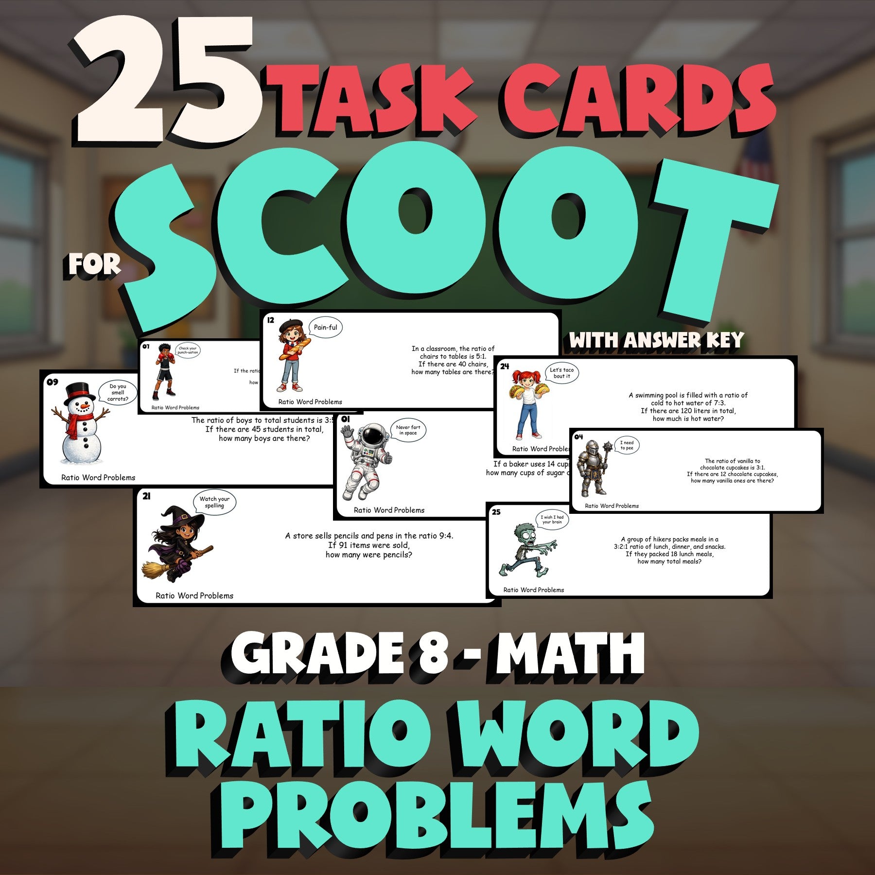 Ratio Word Problems SCOOT TASK CARDS Math Game - No Prep Grade 8 Review Activity