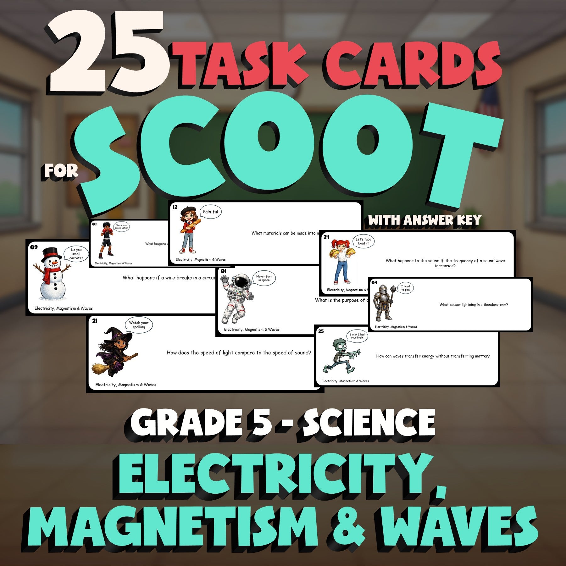Electricity, Magnetism & Waves SCOOT TASK CARDS Science Game - No Prep Grade 5