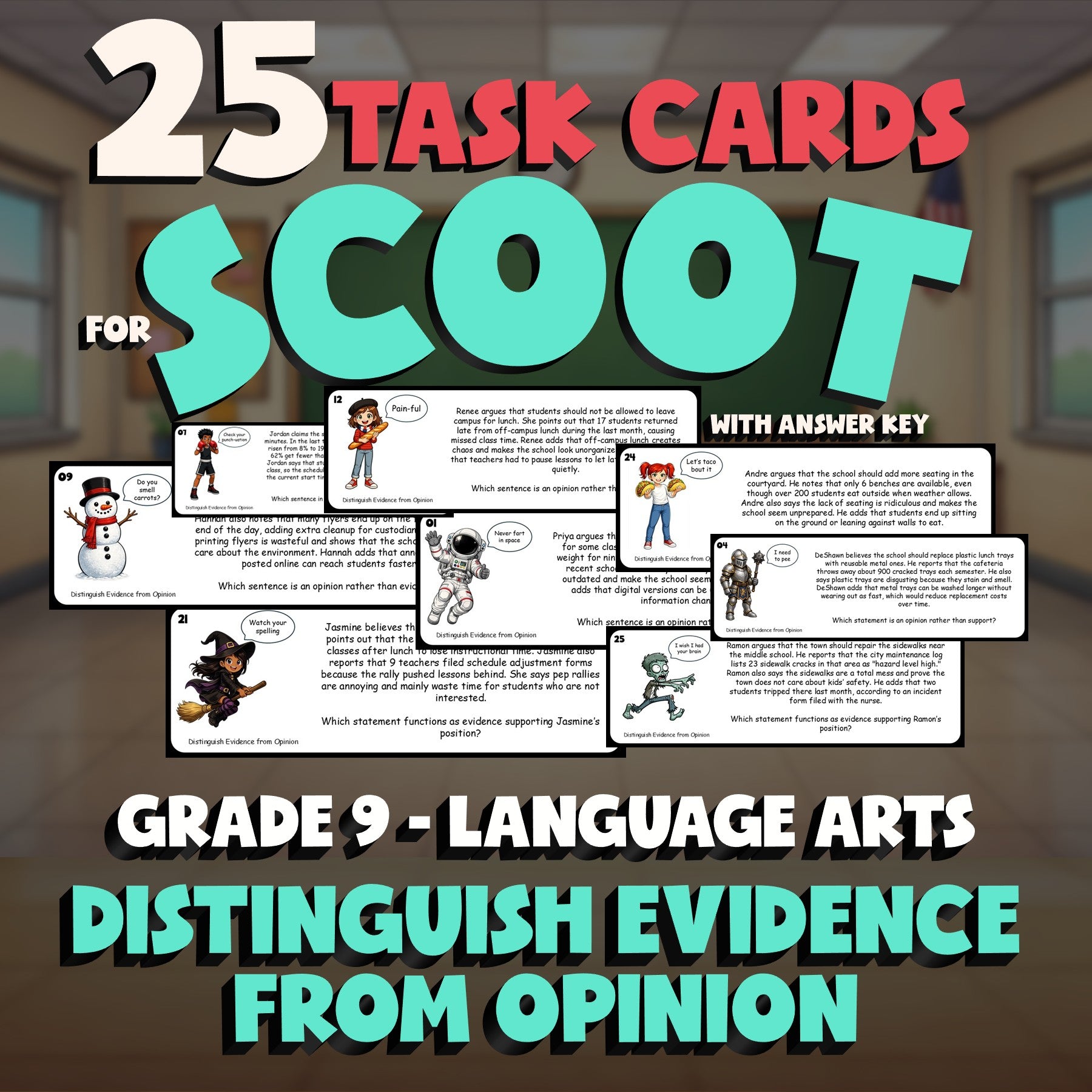 Distinguish Evidence from Opinion SCOOT TASK CARDS ELA Game - No Prep Grade 9
