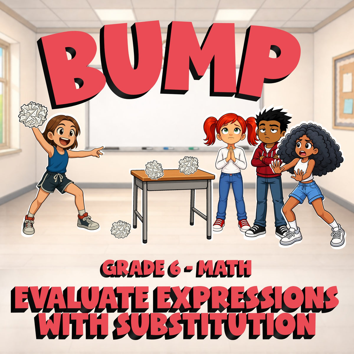 Evaluate Expressions with Substitution BUMP Math Game - No Prep Grade 6 Review