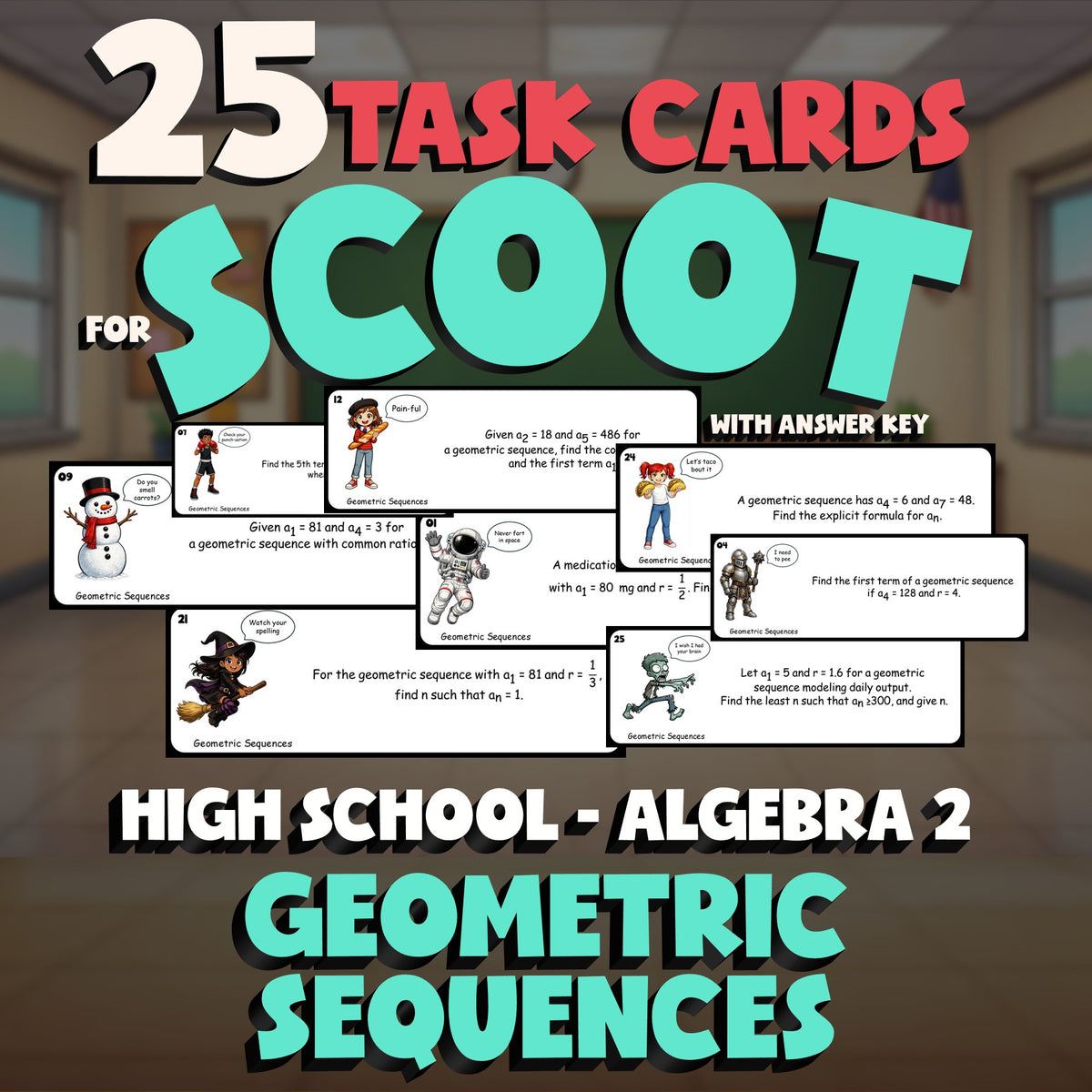 Geometric Sequences SCOOT TASK CARDS Math Game - No Prep Algebra 2 Review