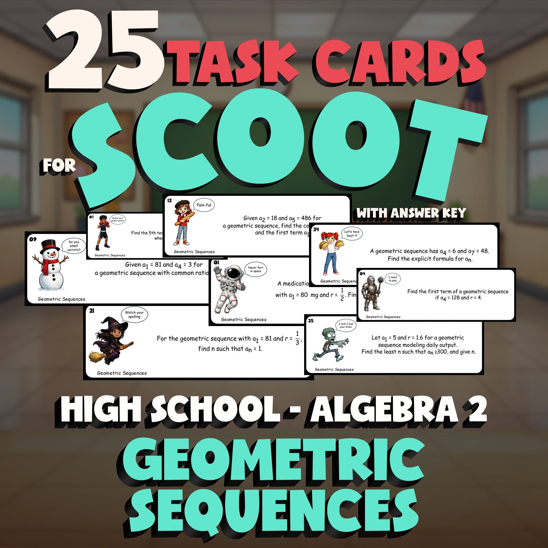Geometric Sequences SCOOT TASK CARDS Math Game - No Prep Algebra 2 Review