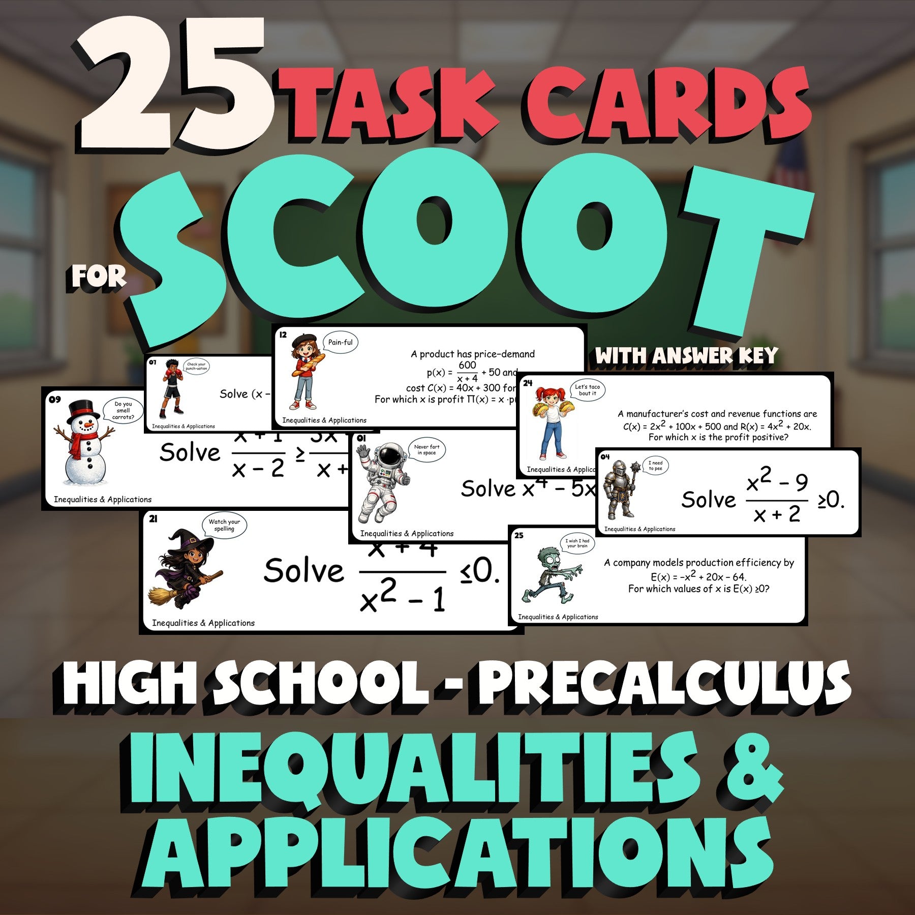 Inequalities & Applications SCOOT TASK CARDS Math Game - No Prep PreCalculus