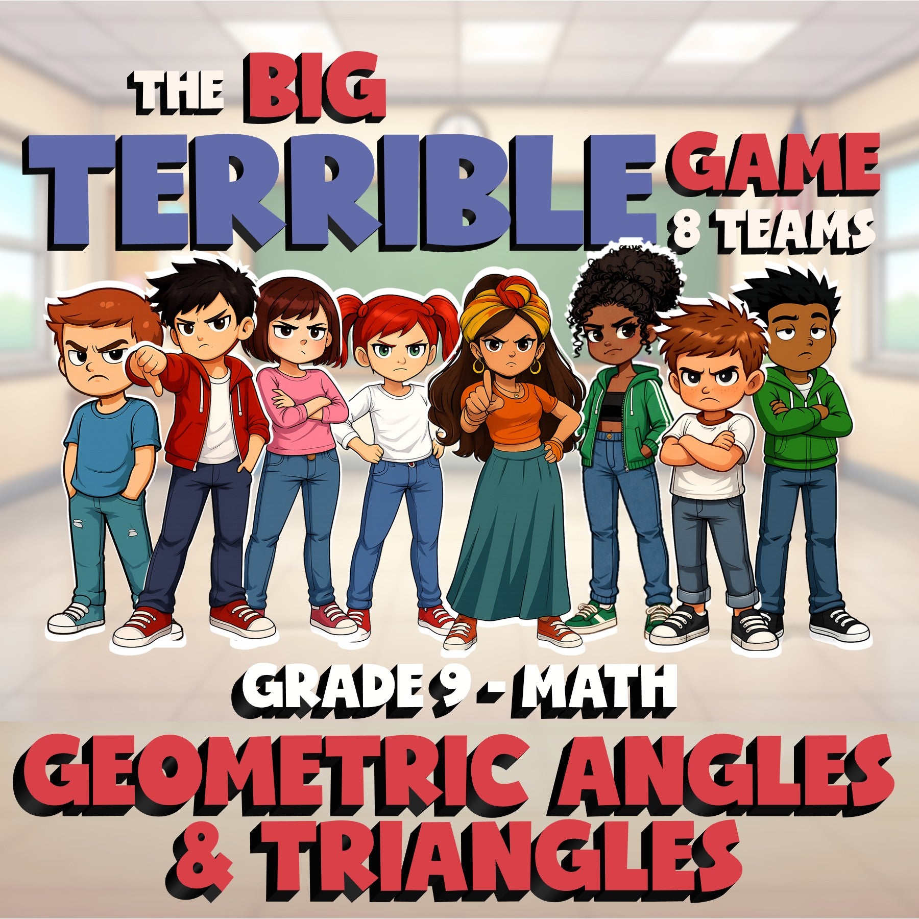 Geometric Angles & Triangles BIG TERRIBLE GAME - No Prep Grade 9 Math Review