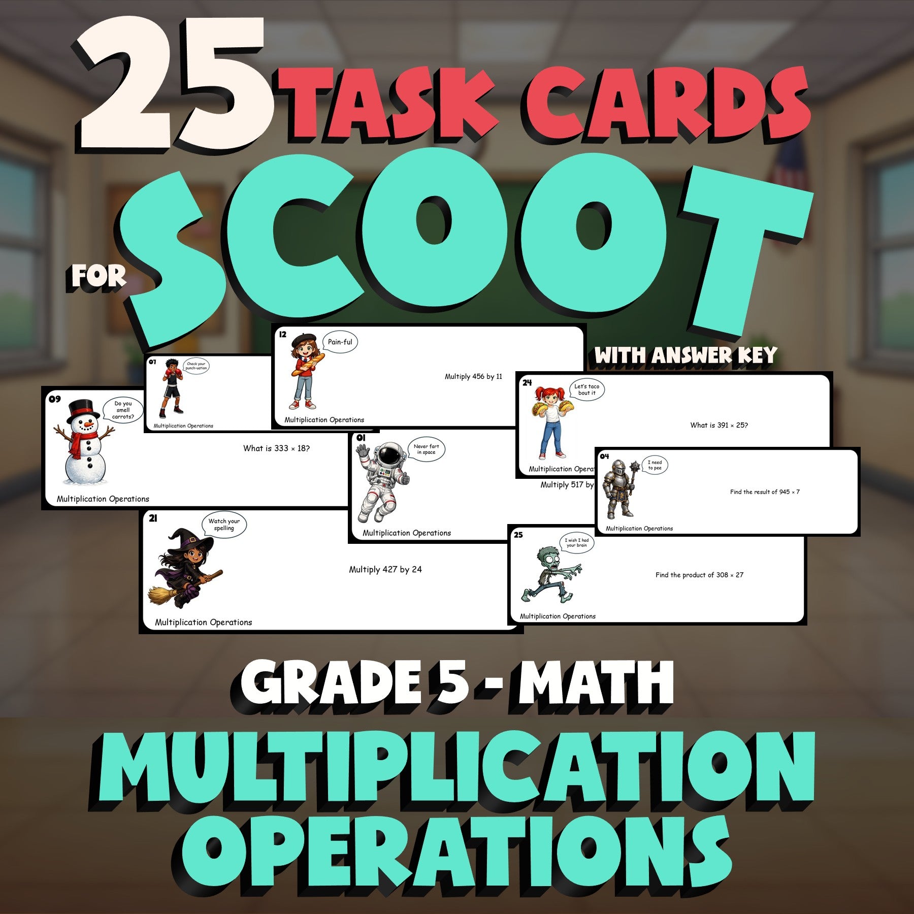Multiplication Operations SCOOT TASK CARDS Math Game - No Prep Grade 5 Review