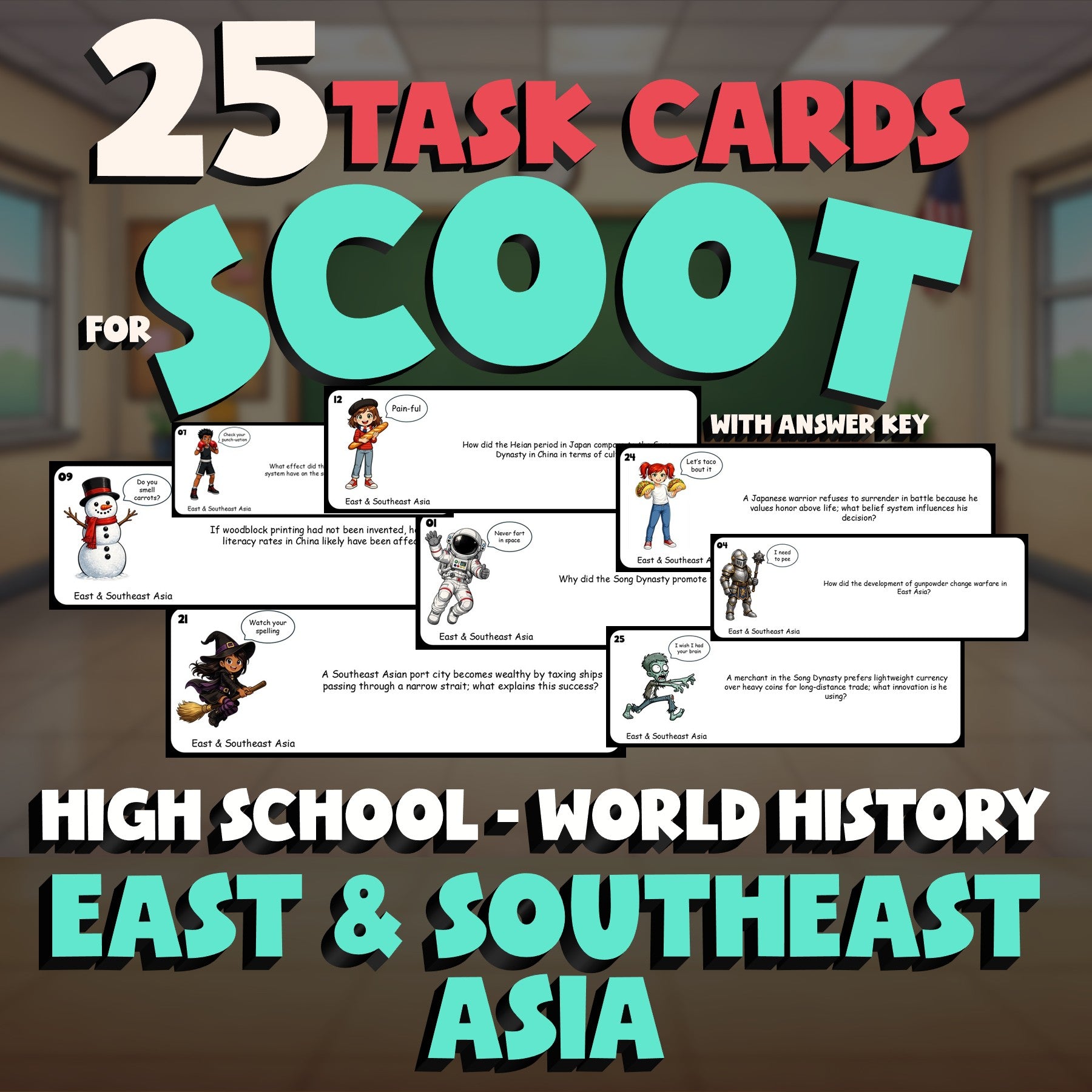 East & Southeast Asia SCOOT TASK CARDS Game - No Prep World History Review