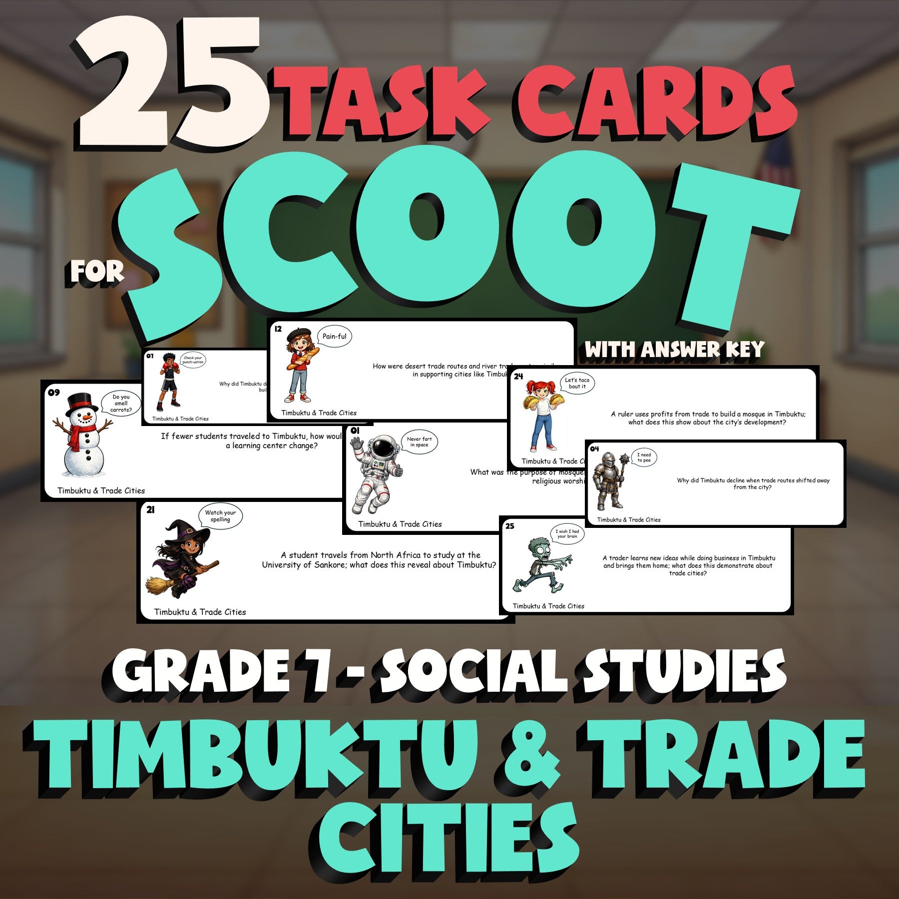 Timbuktu & Trade Cities SCOOT TASK CARDS Socials Game - No Prep Grade 7 Review