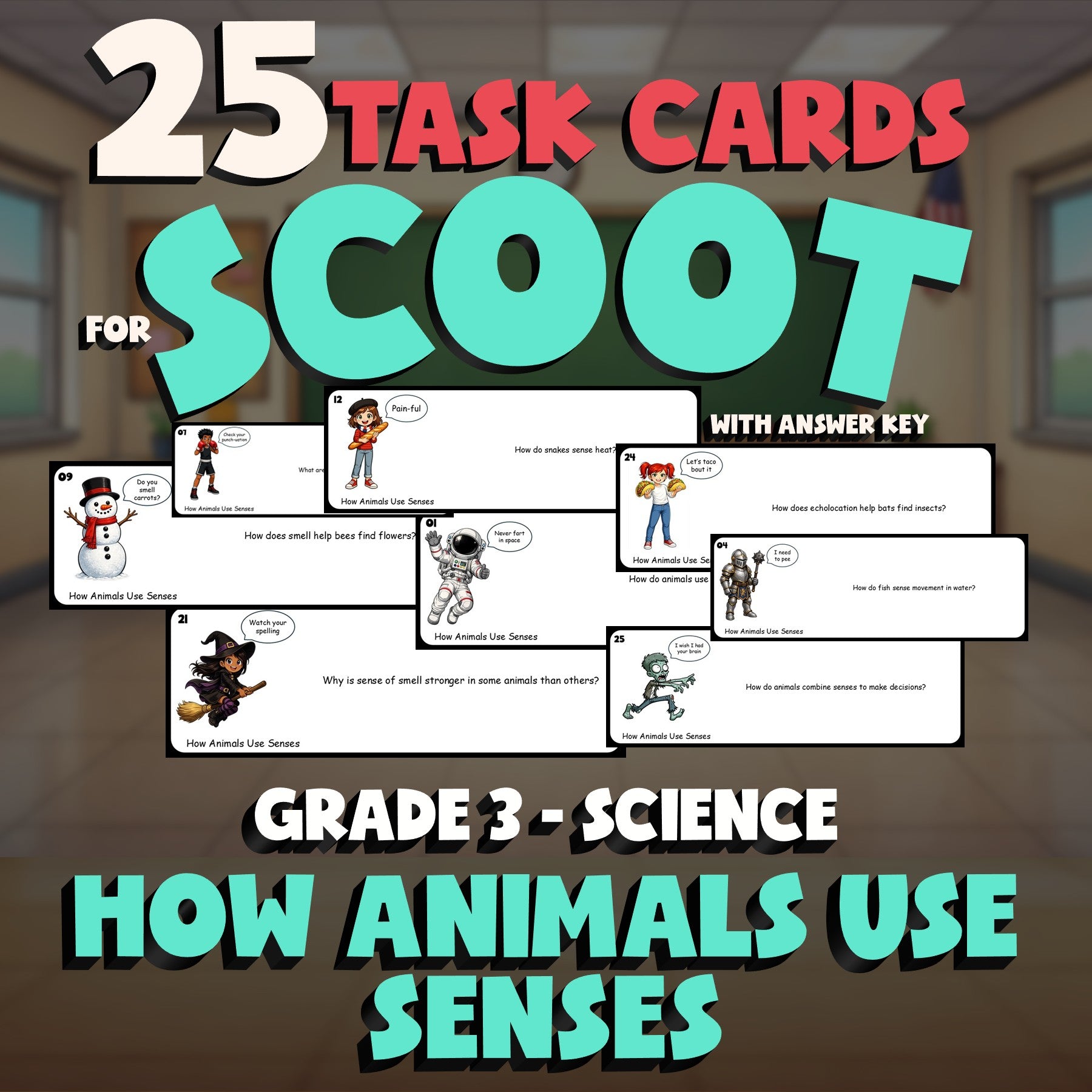 How Animals Use Senses SCOOT TASK CARDS Science Game - No Prep Grade 3 Review