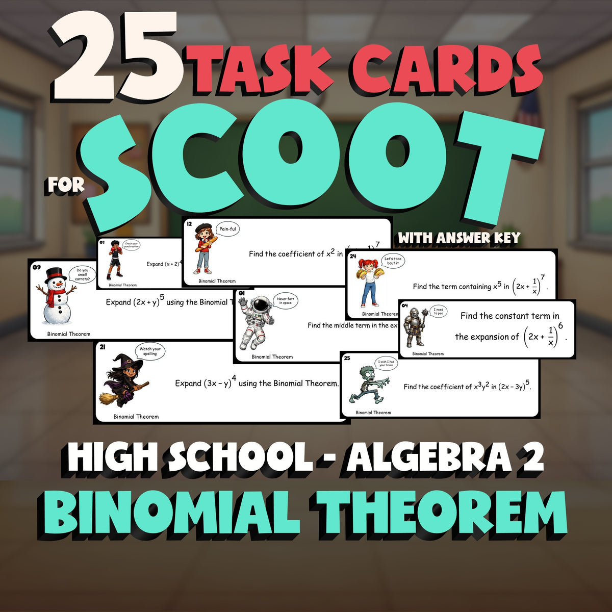 Binomial Theorem SCOOT TASK CARDS Math Game - No Prep Algebra 2 Review Activity