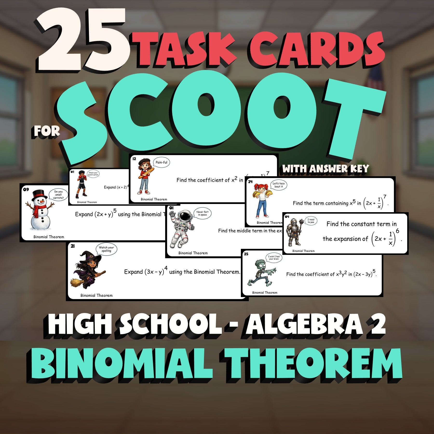 Binomial Theorem SCOOT TASK CARDS Math Game - No Prep Algebra 2 Review Activity