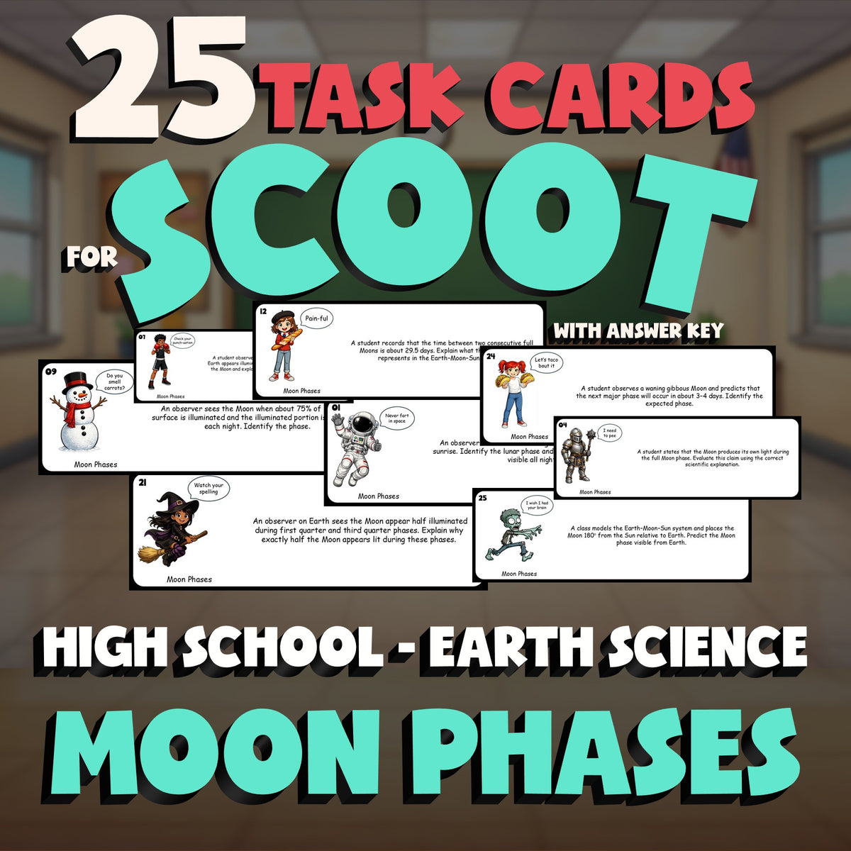 Moon Phases SCOOT TASK CARDS Game - No Prep Earth Science Review Activity