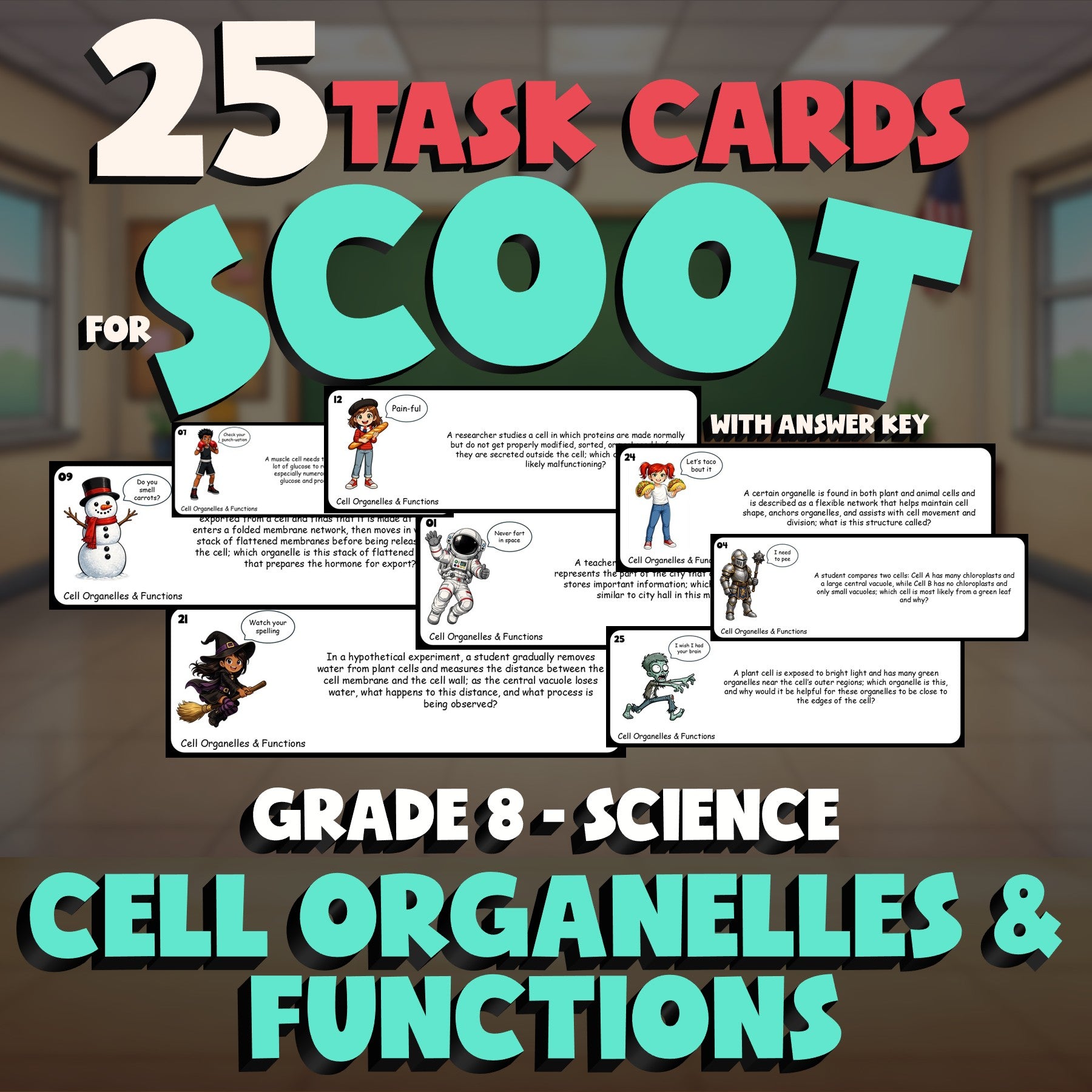 Cell Organelles & Functions SCOOT TASK CARDS Science Game - No Prep Grade 8