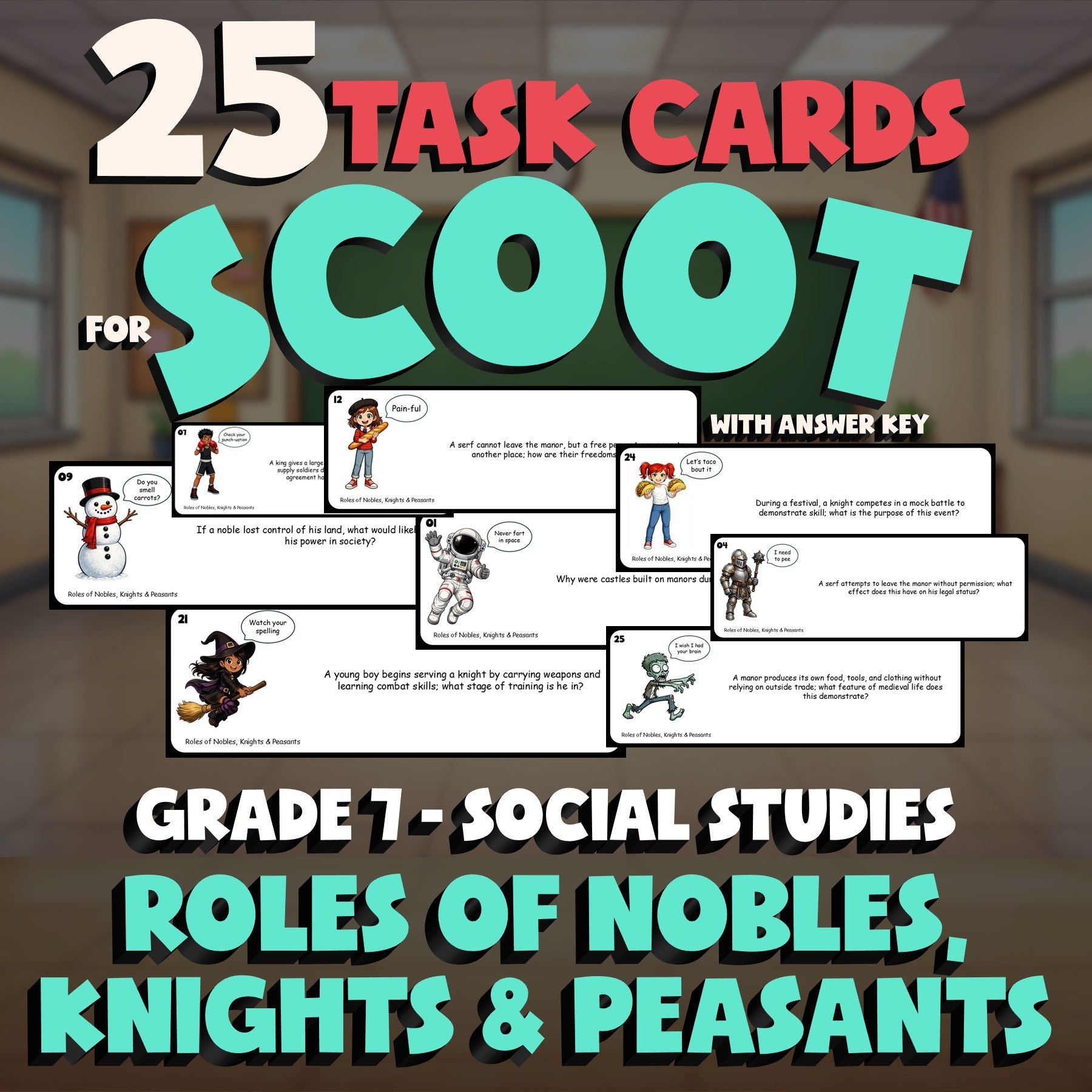 Roles of Nobles, Knights & Peasants SCOOT TASK CARDS Socials Game - Grade 7