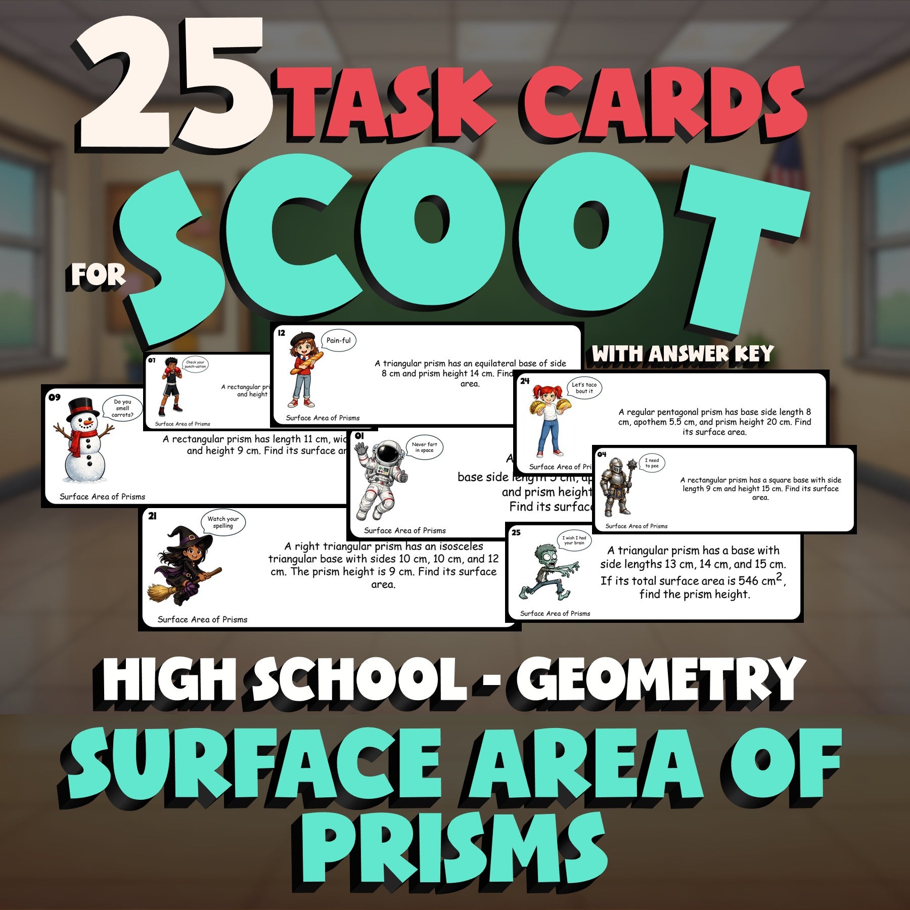 Surface Area of Prisms SCOOT TASK CARDS Math Game - No Prep Geometry Review