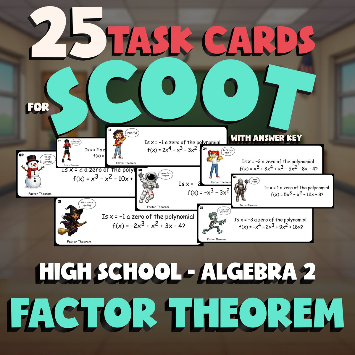 Factor Theorem SCOOT TASK CARDS Math Game - No Prep Algebra 2 Review Activity